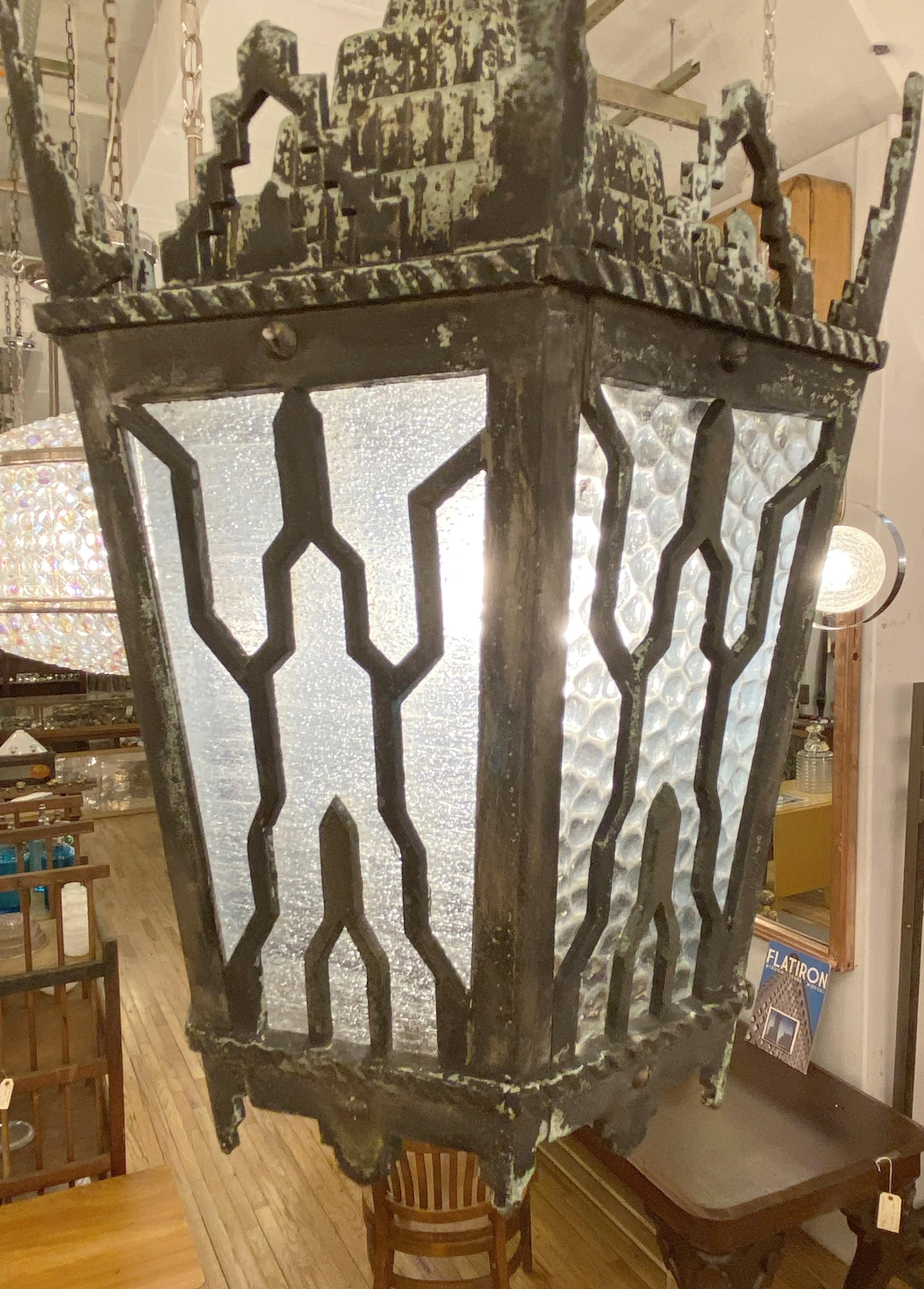 Early 20th C Vertigris Patina Bronze Exterior Foyer Lantern For Sale 2
