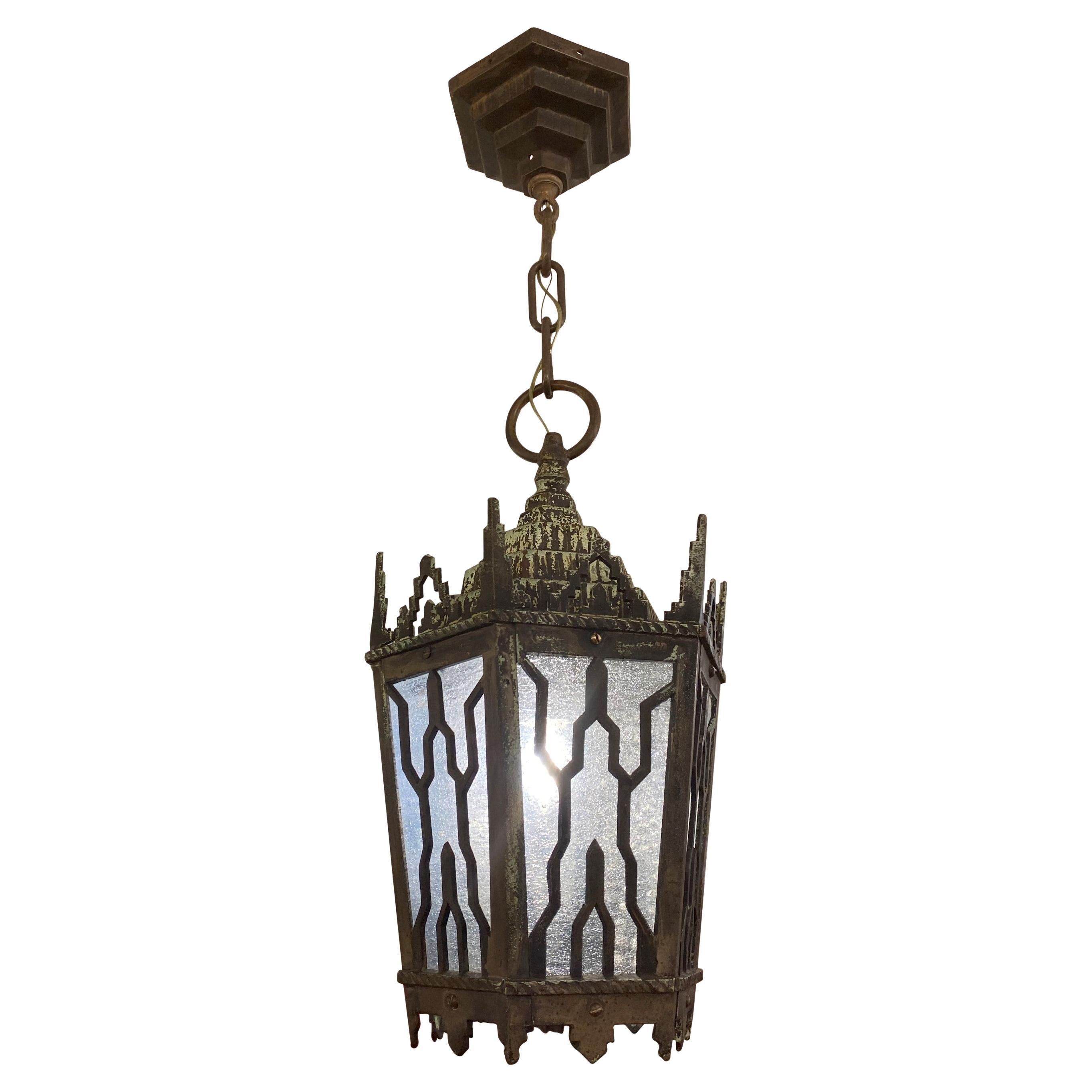 Early 20th C Vertigris Patina Bronze Exterior Foyer Lantern For Sale