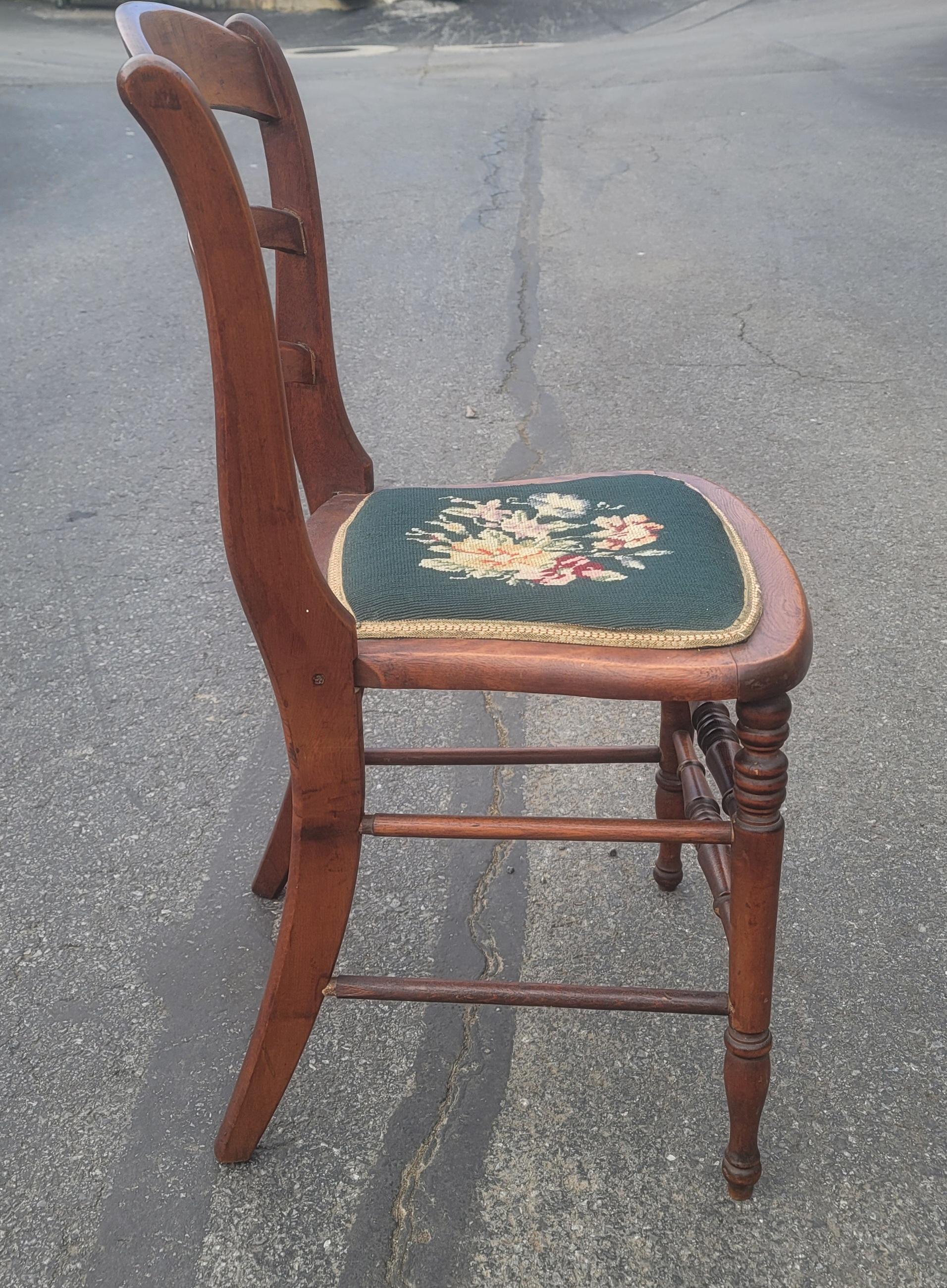 American Early 20th Century Victorian Ladder Back Walnut and Needlepoint Seat Side Chairs For Sale