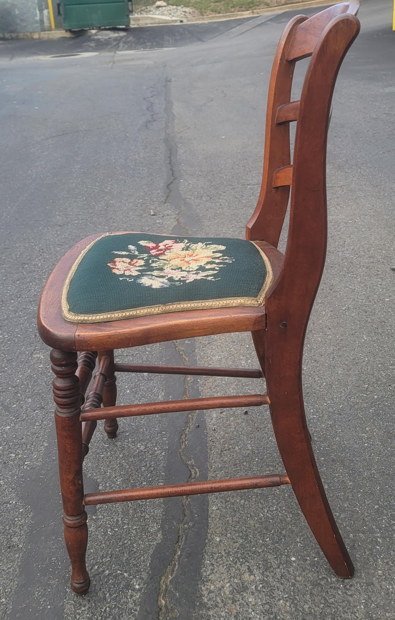 Needlework Early 20th Century Victorian Ladder Back Walnut and Needlepoint Seat Side Chairs For Sale