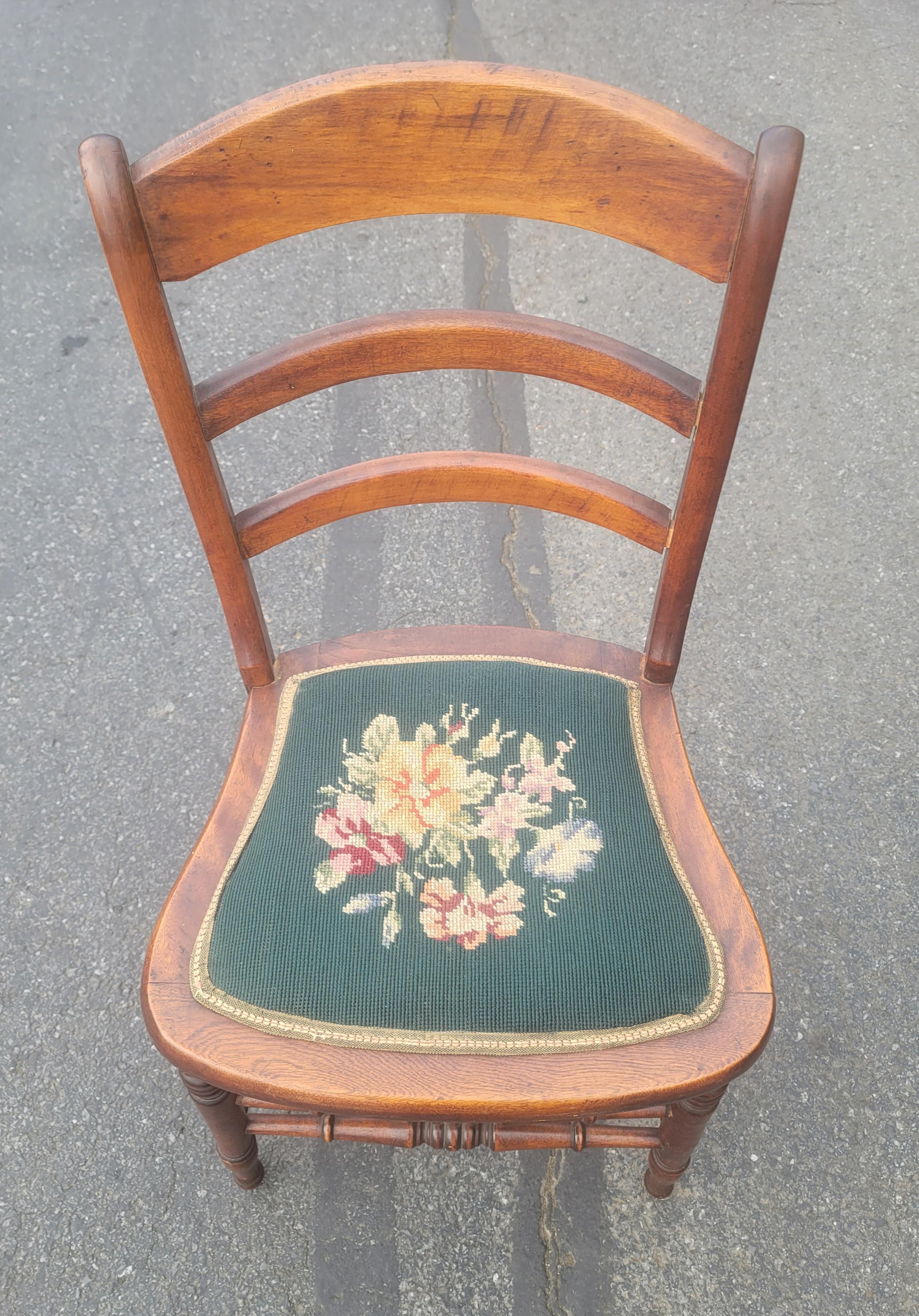 Early 20th Century Victorian Ladder Back Walnut and Needlepoint Seat Side Chairs In Good Condition For Sale In Germantown, MD