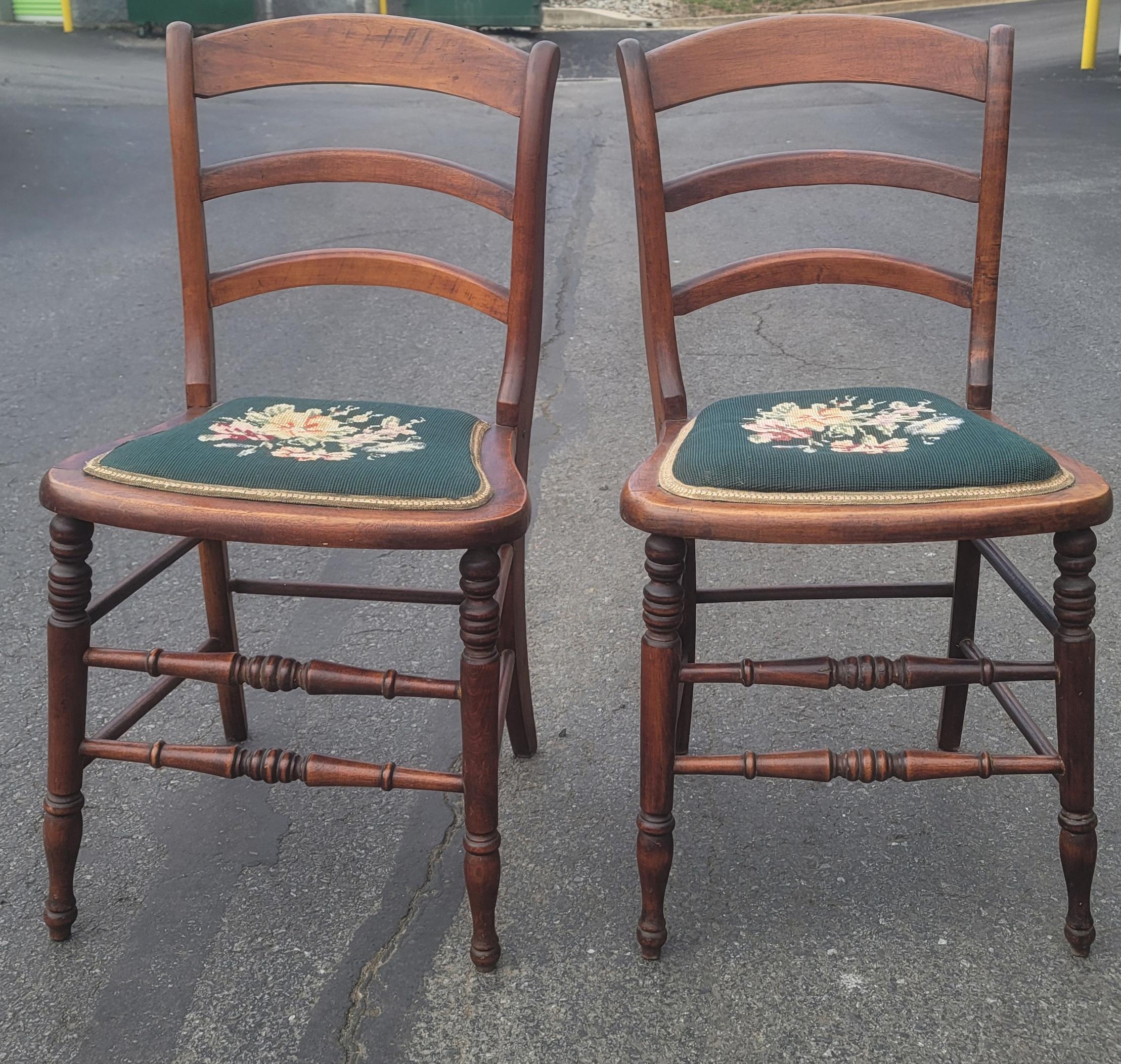Early 20th Century Victorian Ladder Back Walnut and Needlepoint Seat Side Chairs For Sale 1
