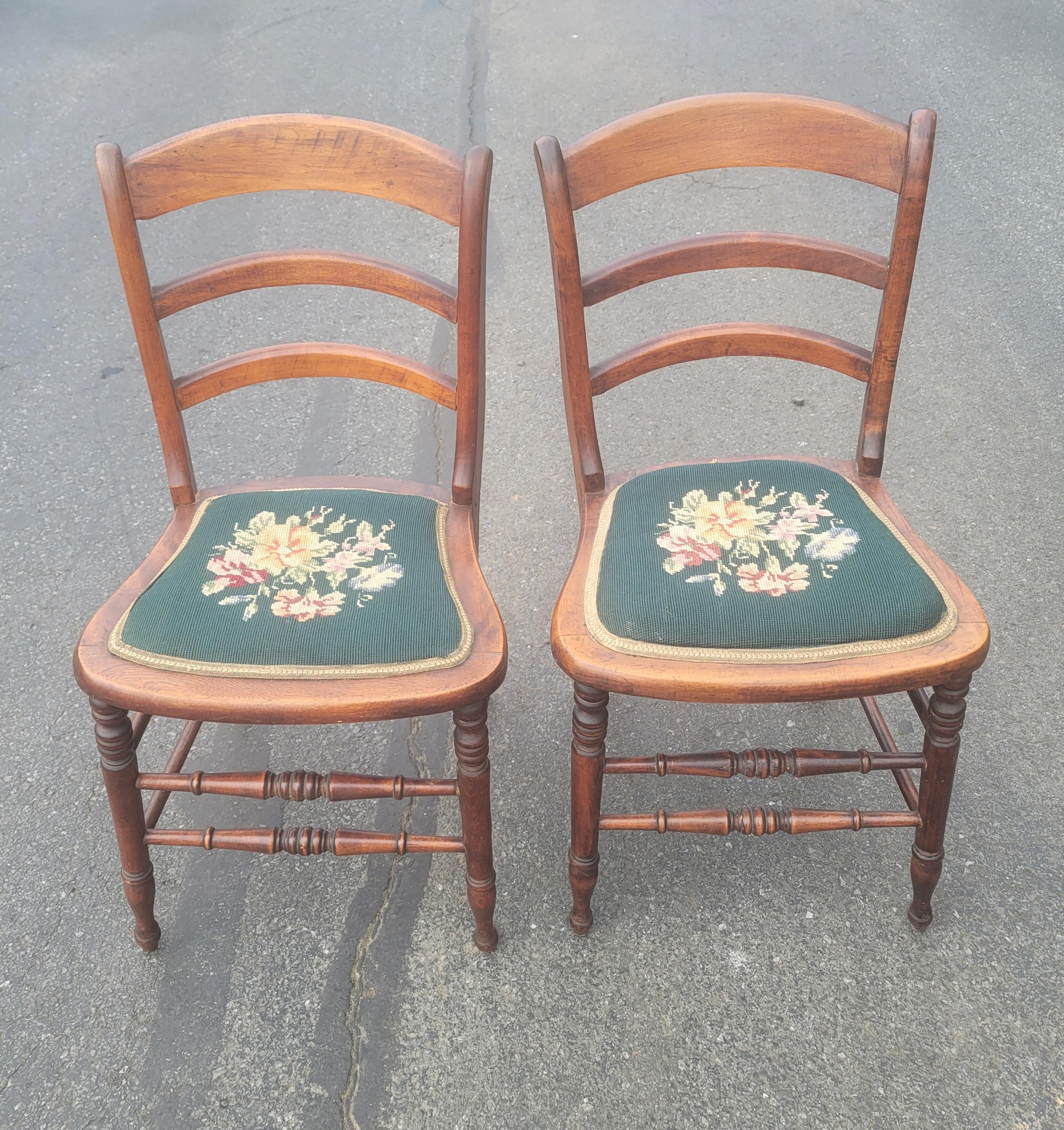 Early 20th Century Victorian Ladder Back Walnut and Needlepoint Seat Side Chairs For Sale 2
