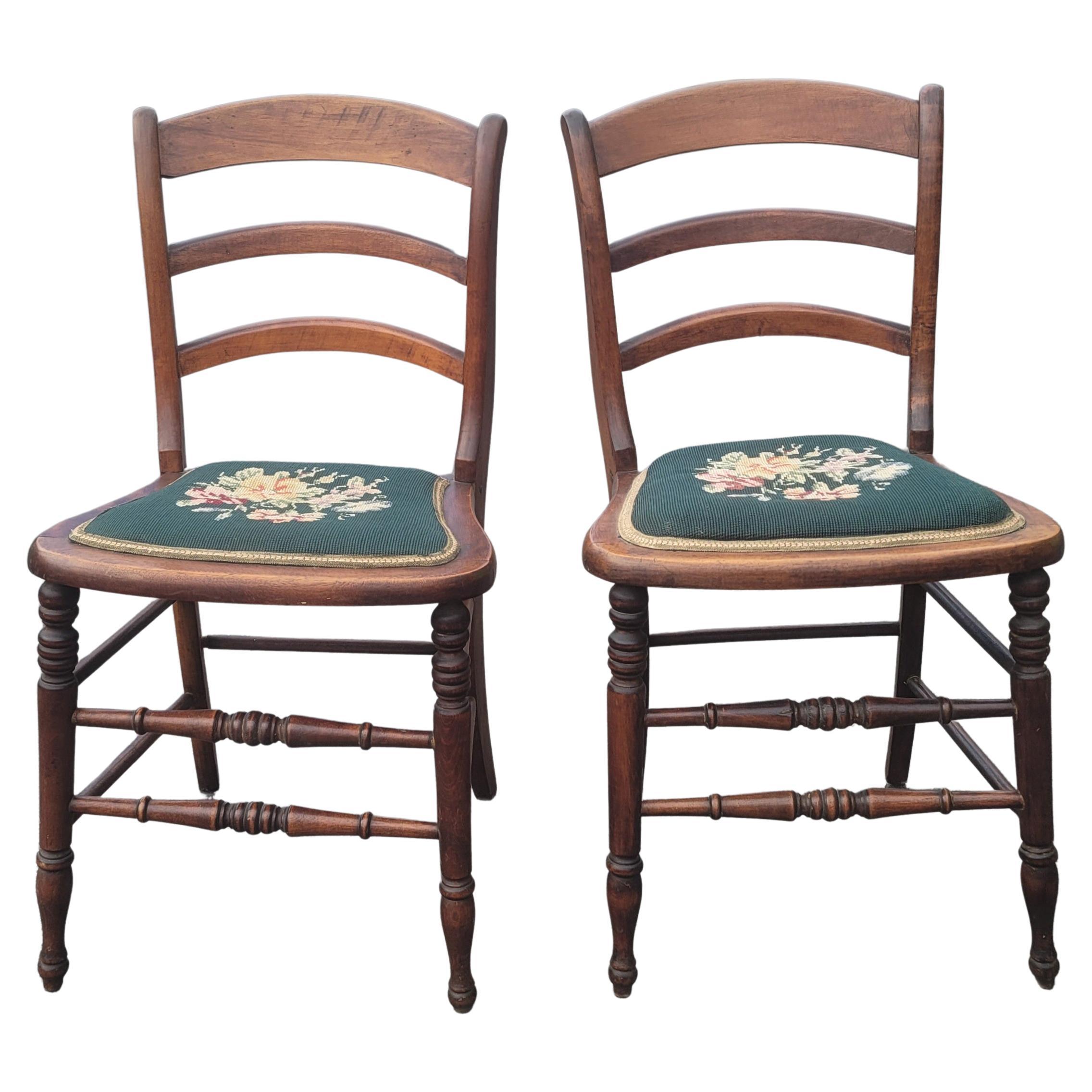 Early 20th Century Victorian Ladder Back Walnut and Needlepoint Seat Side Chairs For Sale