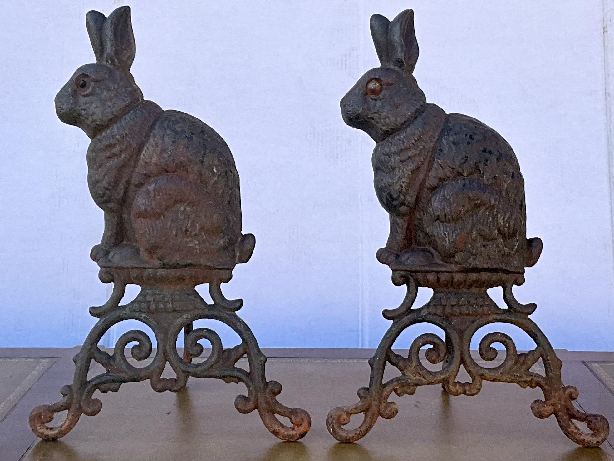 Early 20th Century Victorian Style Cast Iron Rabbit Form Andirons, Pair In Good Condition In Kennesaw, GA