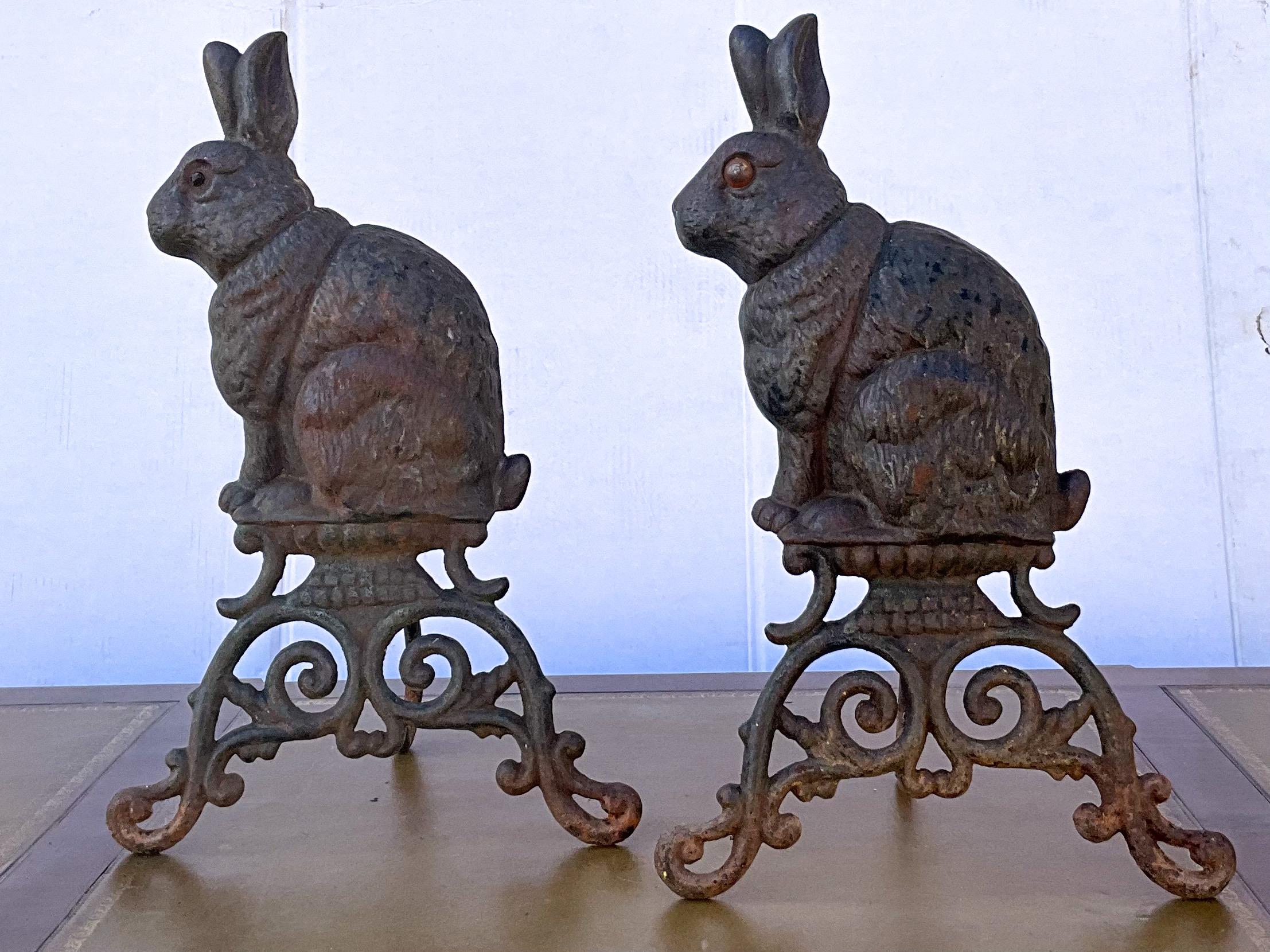 Early 20th Century Victorian Style Cast Iron Rabbit Form Andirons, Pair 3