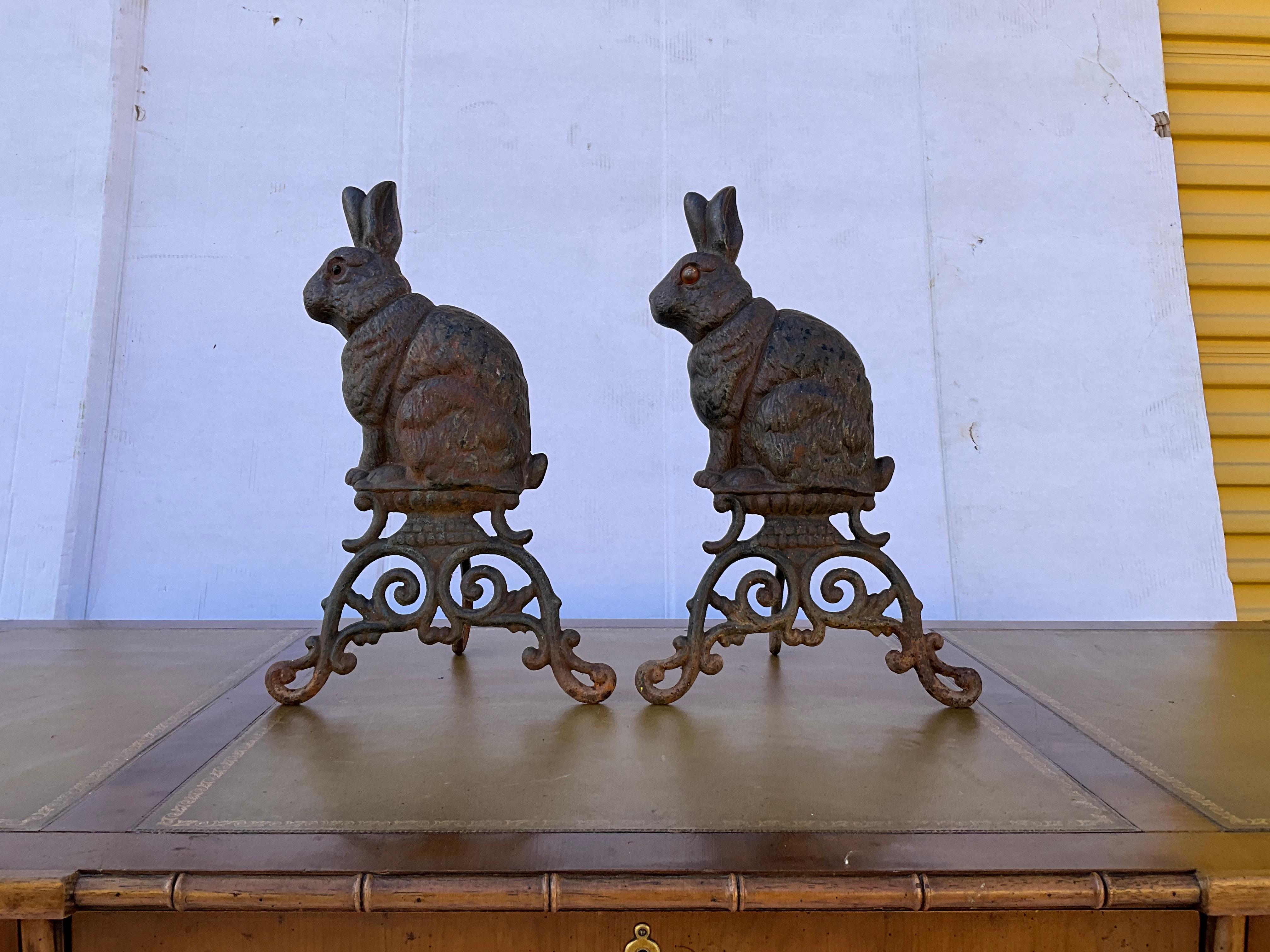 Early 20th Century Victorian Style Cast Iron Rabbit Form Andirons, Pair 4