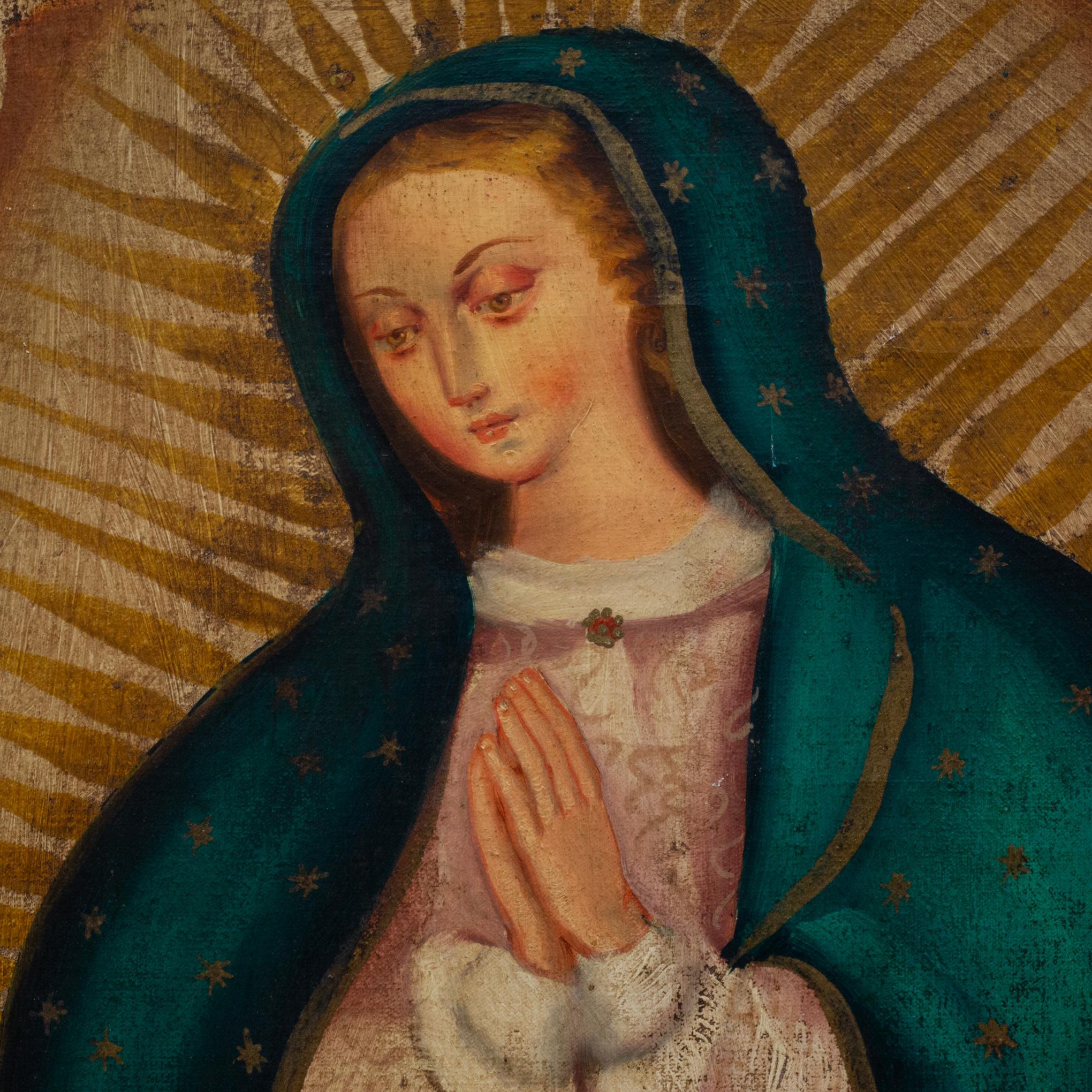 ABOUT

Virgin of Guadalupe, unsigned, oil on canvas, unframed. 

    CREATOR Unsigned.
    DATE OF MANUFACTURE c.1910-1940. 
    MATERIALS AND TECHNIQUES Oil on Canvas.
    CONDITION Good. Wear consistent with age and use.
    DIMENSIONS H 34 in. W