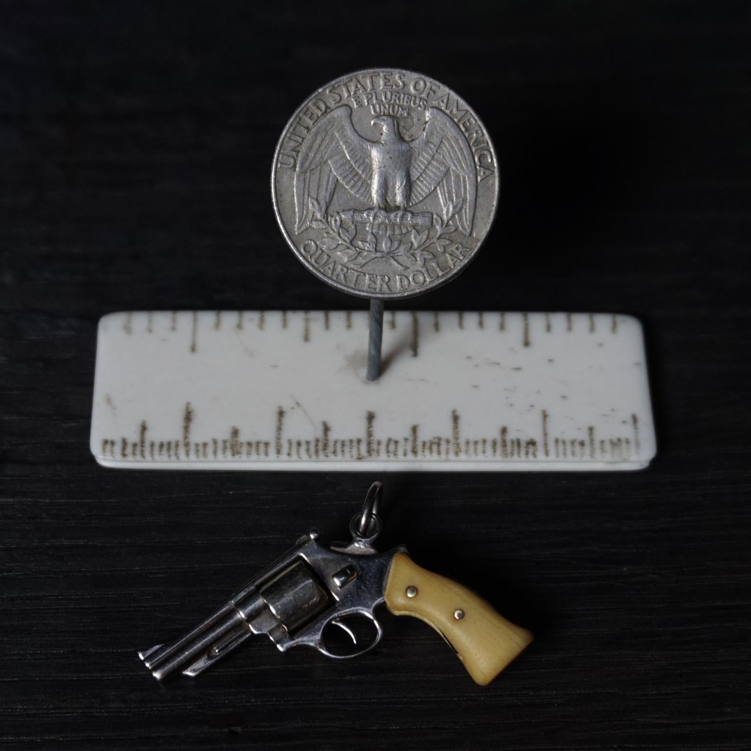 Early 20th C. White Gold Revolver Pendant Fob or Large Charm with Bone Handle 4