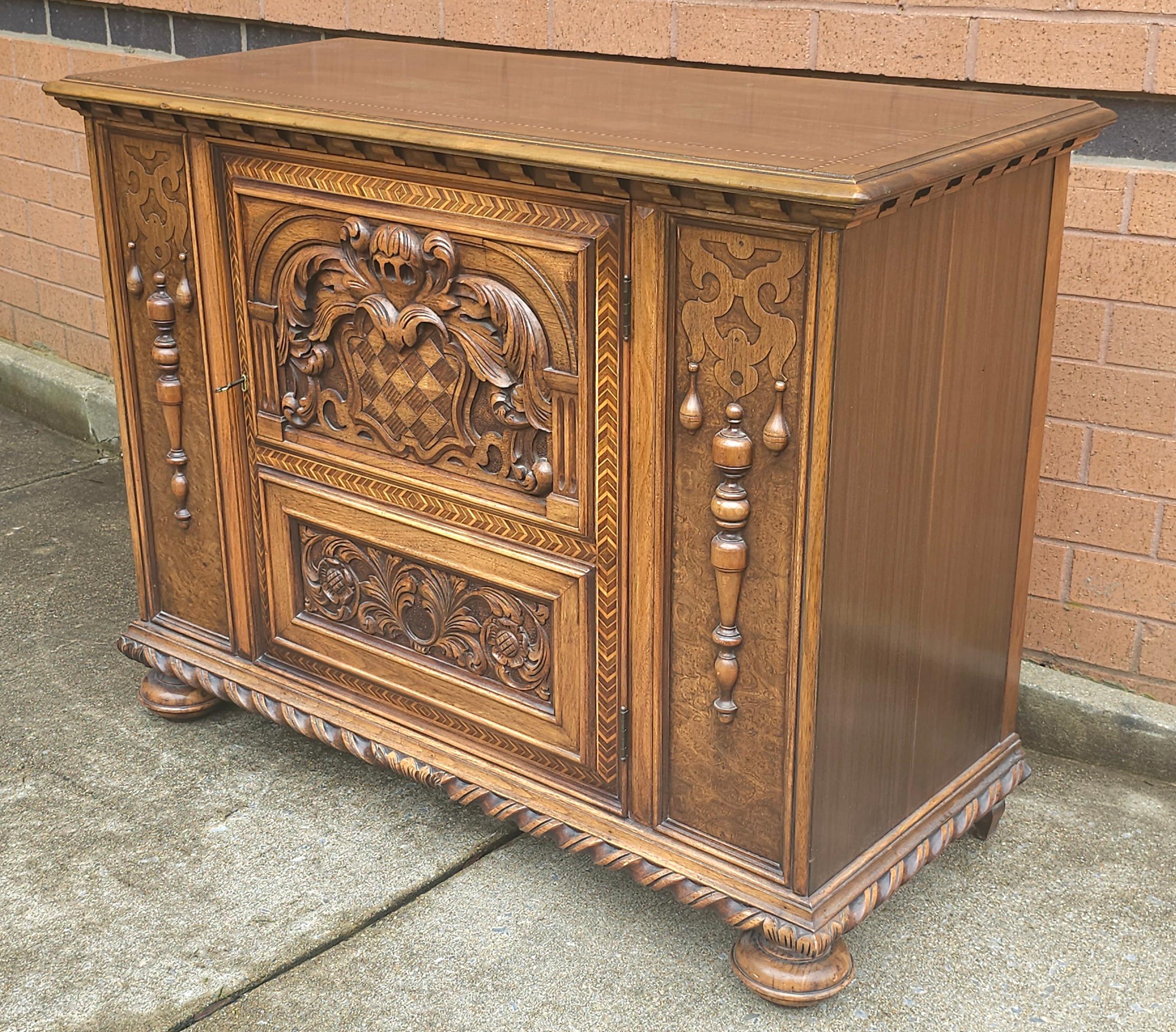 American Early 20th C William and Mary Brazilian Rosewood and Burl Walnut Inlaid Cabinet For Sale