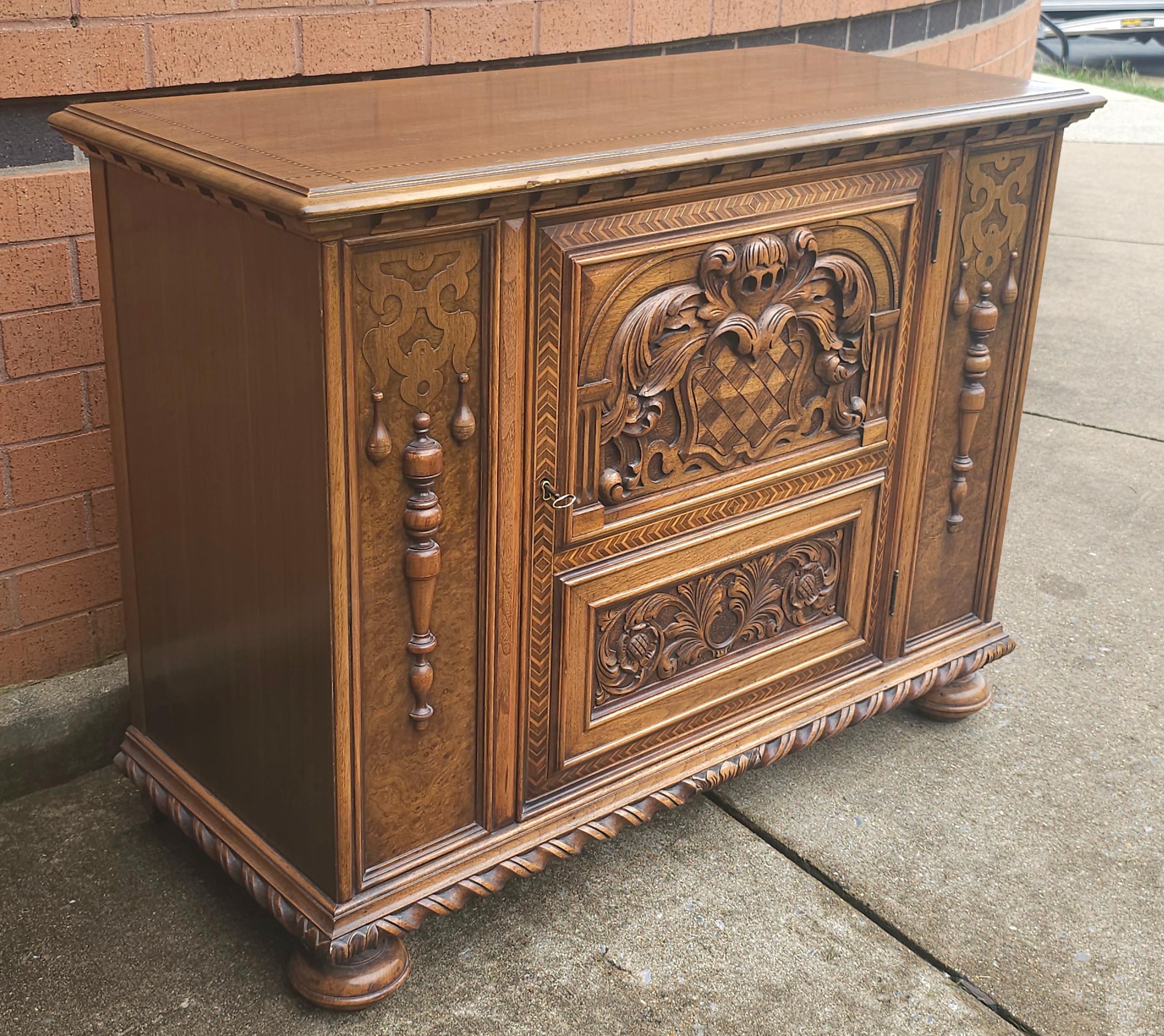 Hand-Carved Early 20th C William and Mary Brazilian Rosewood and Burl Walnut Inlaid Cabinet For Sale
