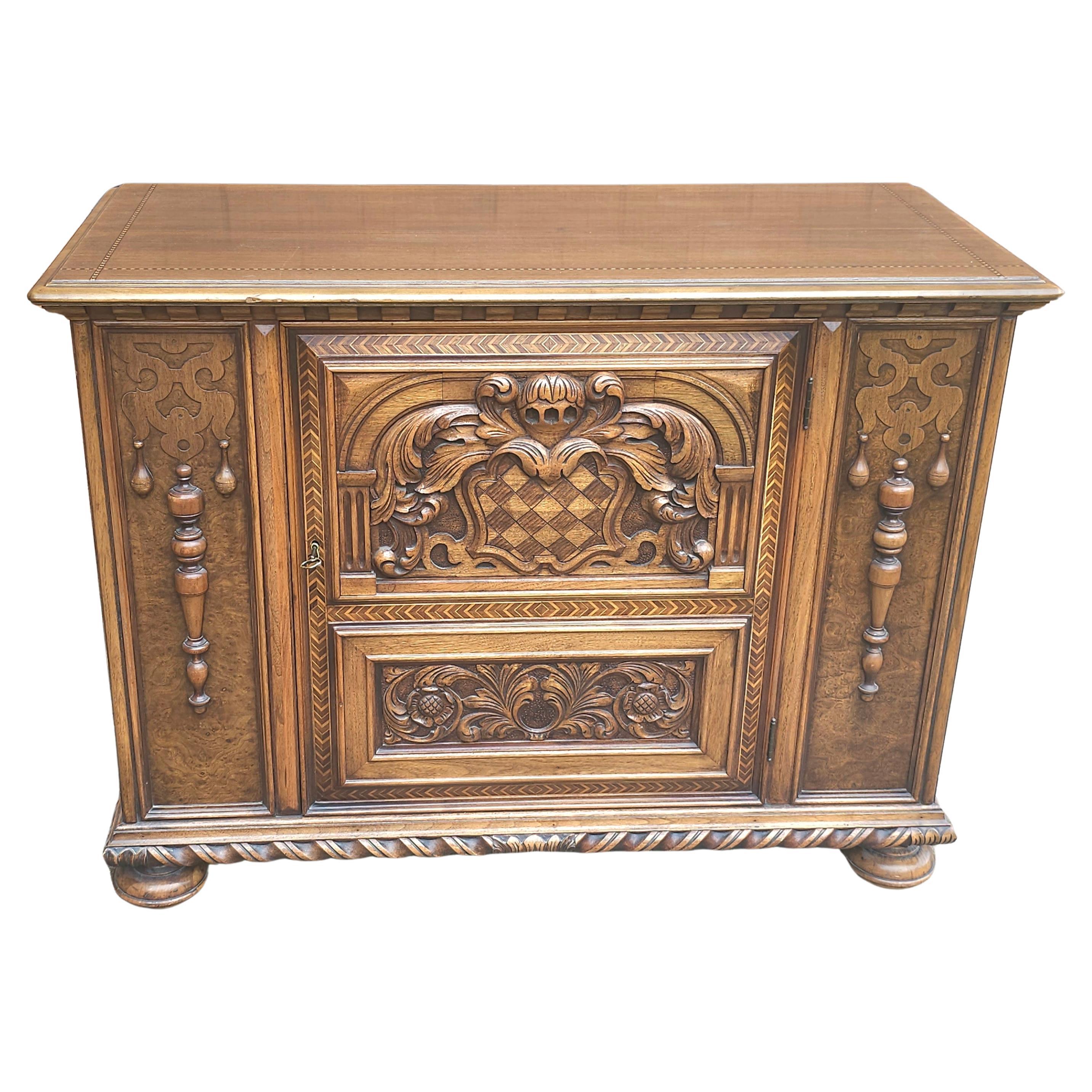 Early 20th C William and Mary Brazilian Rosewood and Burl Walnut Inlaid Cabinet For Sale