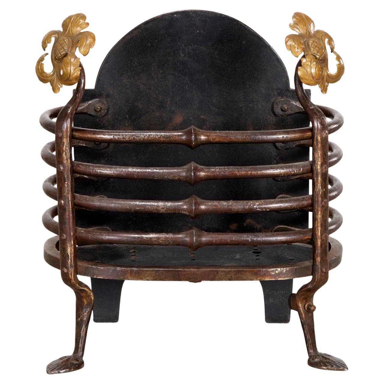 Early 20th C. William H. Jackson Co. Cast Iron Fireplace Grate, Brass Finials For Sale