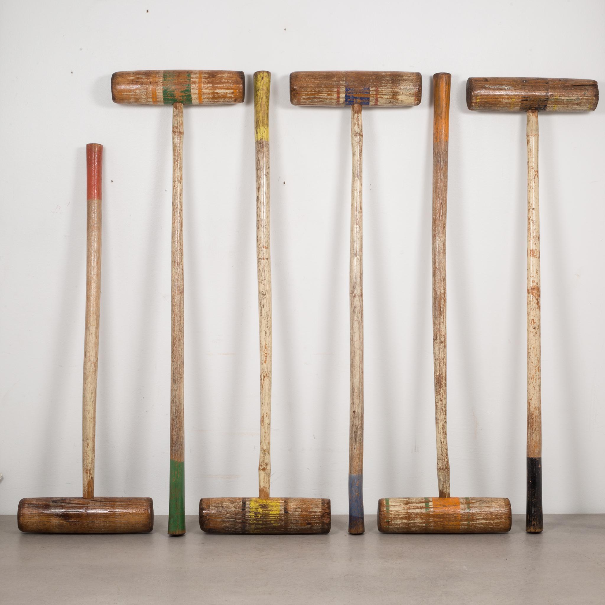 About

An early 20th century wooden croquet set with 6 mallets, original rack, two stakes and 3 balls.

Creator Unknown.
Date of manufacture circa 1940.
Materials and techniques painted wood.
Condition good. Wear consistent with age and use.