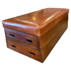 Antique Early 20th c. Wooden Pommel Horse Leather Bench / Ottoman / Coffee Table