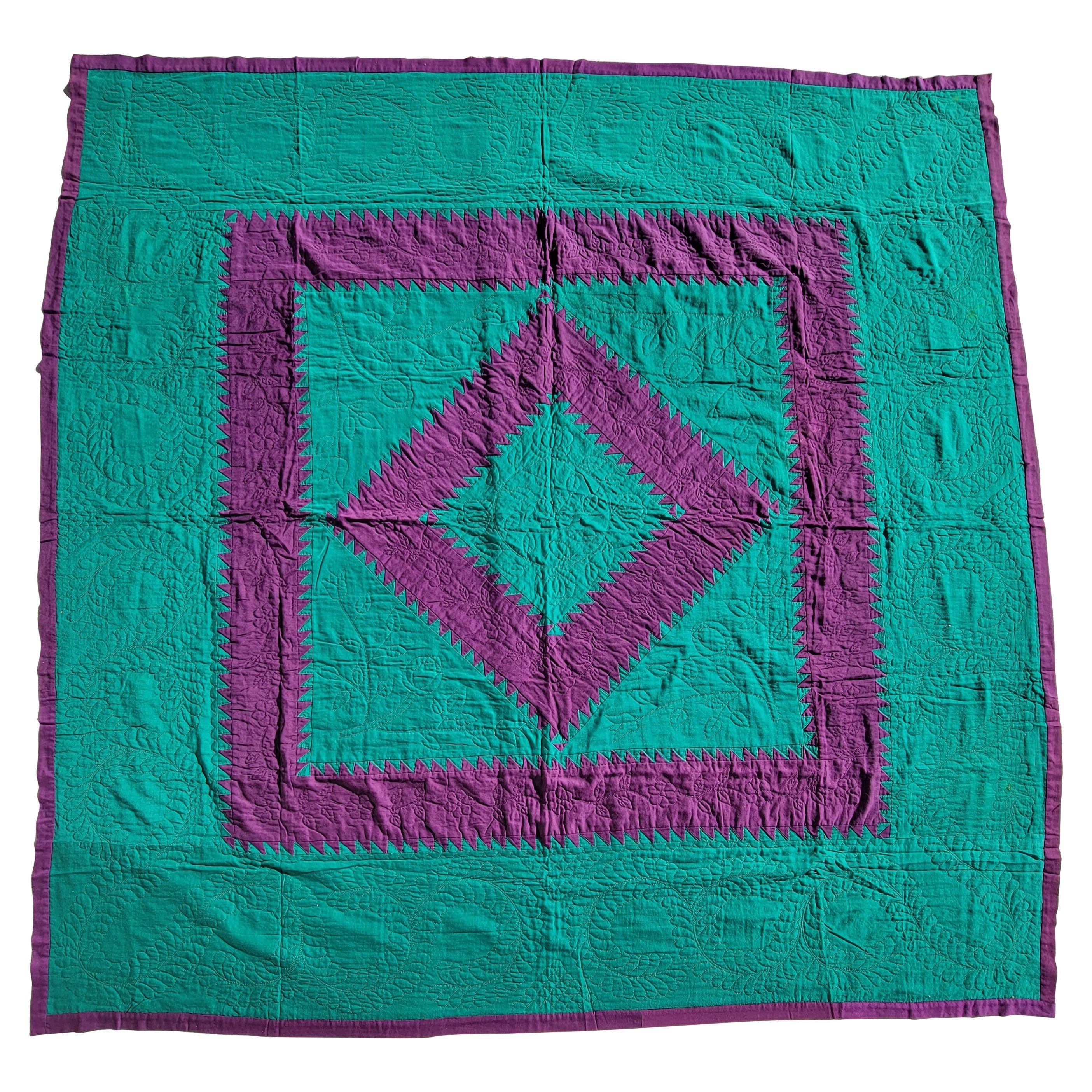 Early 20th C Wool Lancaster County Saw Tooth Diamond Quilt