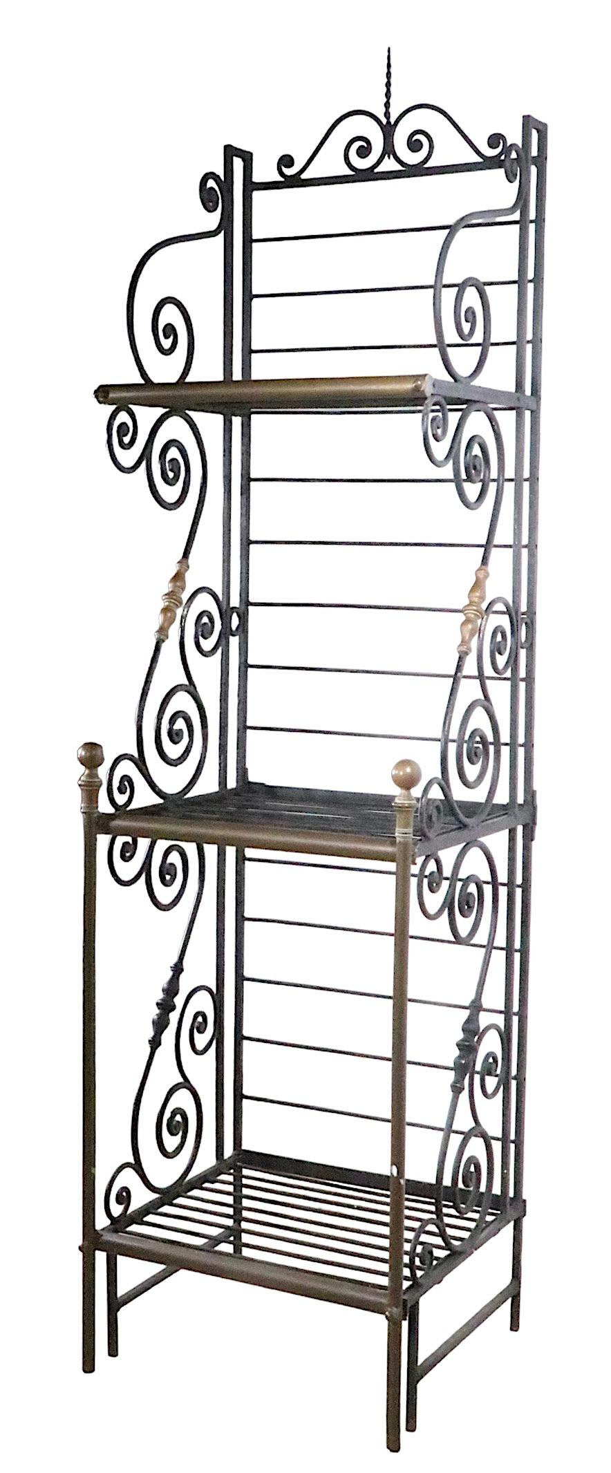 Romantic Early 20th Century Wrought Iron and Brass  French Bakers Rack Wrought For Sale