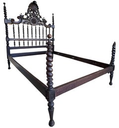 Early 20th Carved Medallions Queen Size Bed, Original Four Poster Lisbon Bed
