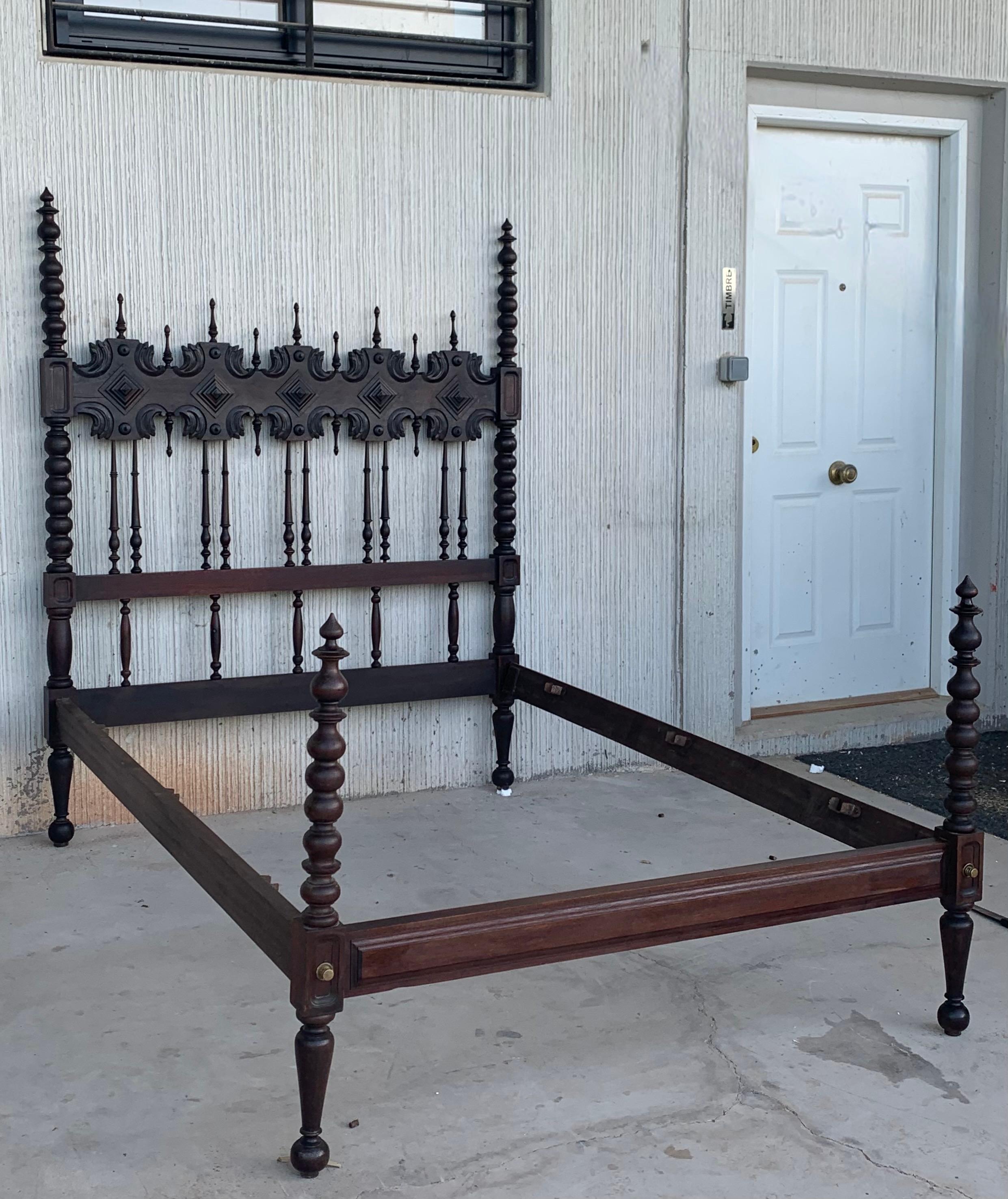 Portuguese Early 20th Carved Medallions Queen Bed, Original Four Poster Lisbon Bed