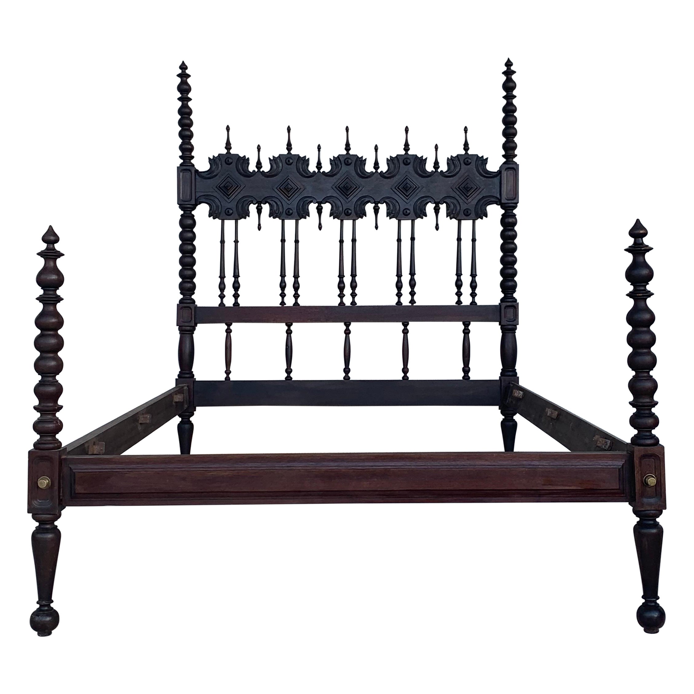 Early 20th Carved Medallions Queen Bed, Original Four Poster Lisbon Bed