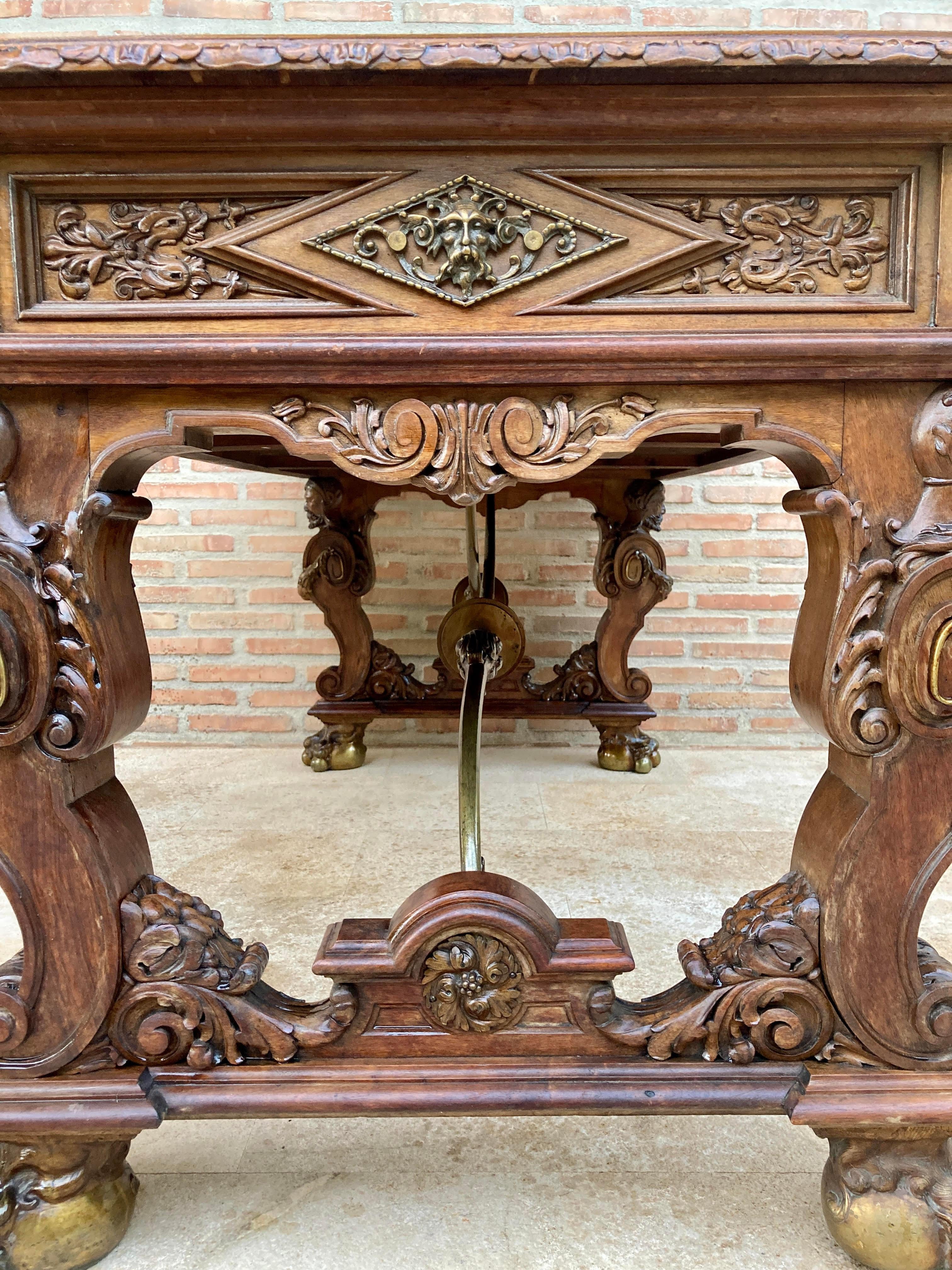 Early 20th Carved Walnut Desk or Dining Table with Three Drawers 6