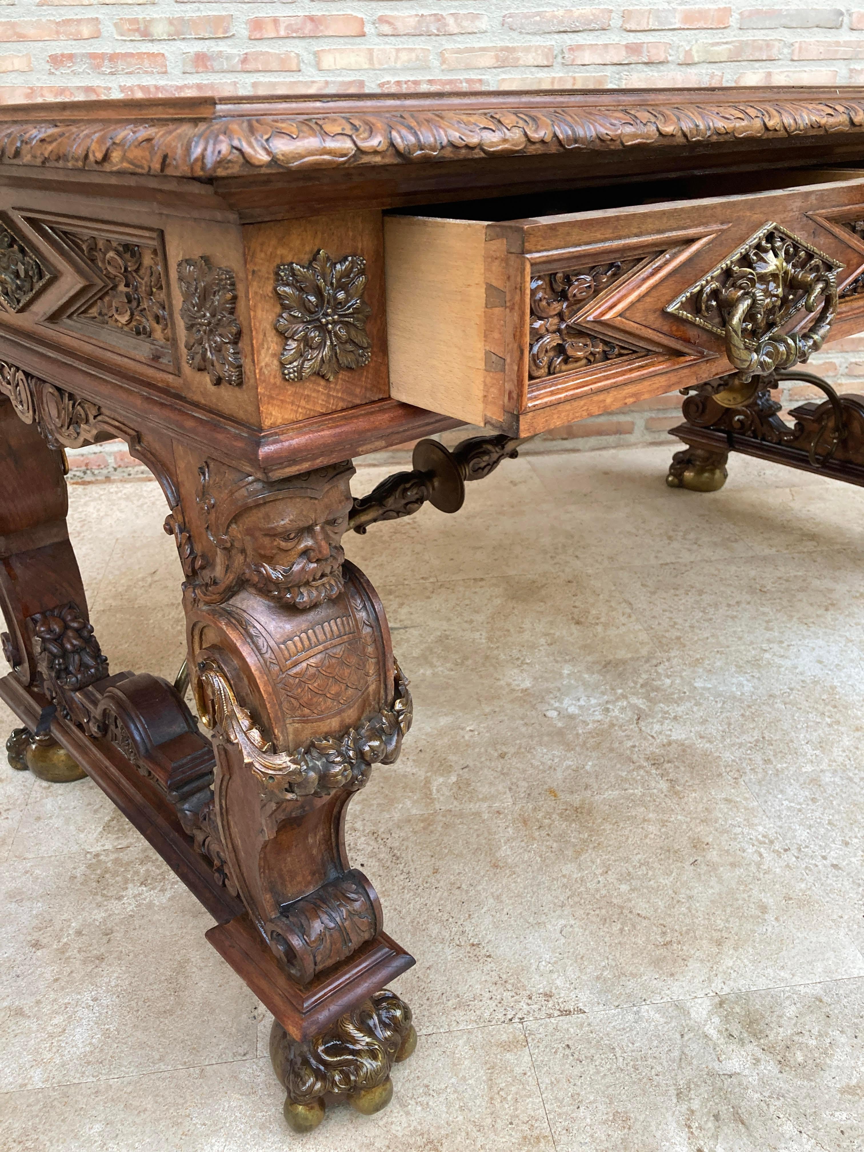 Early 20th Carved Walnut Desk or Dining Table with Three Drawers 7
