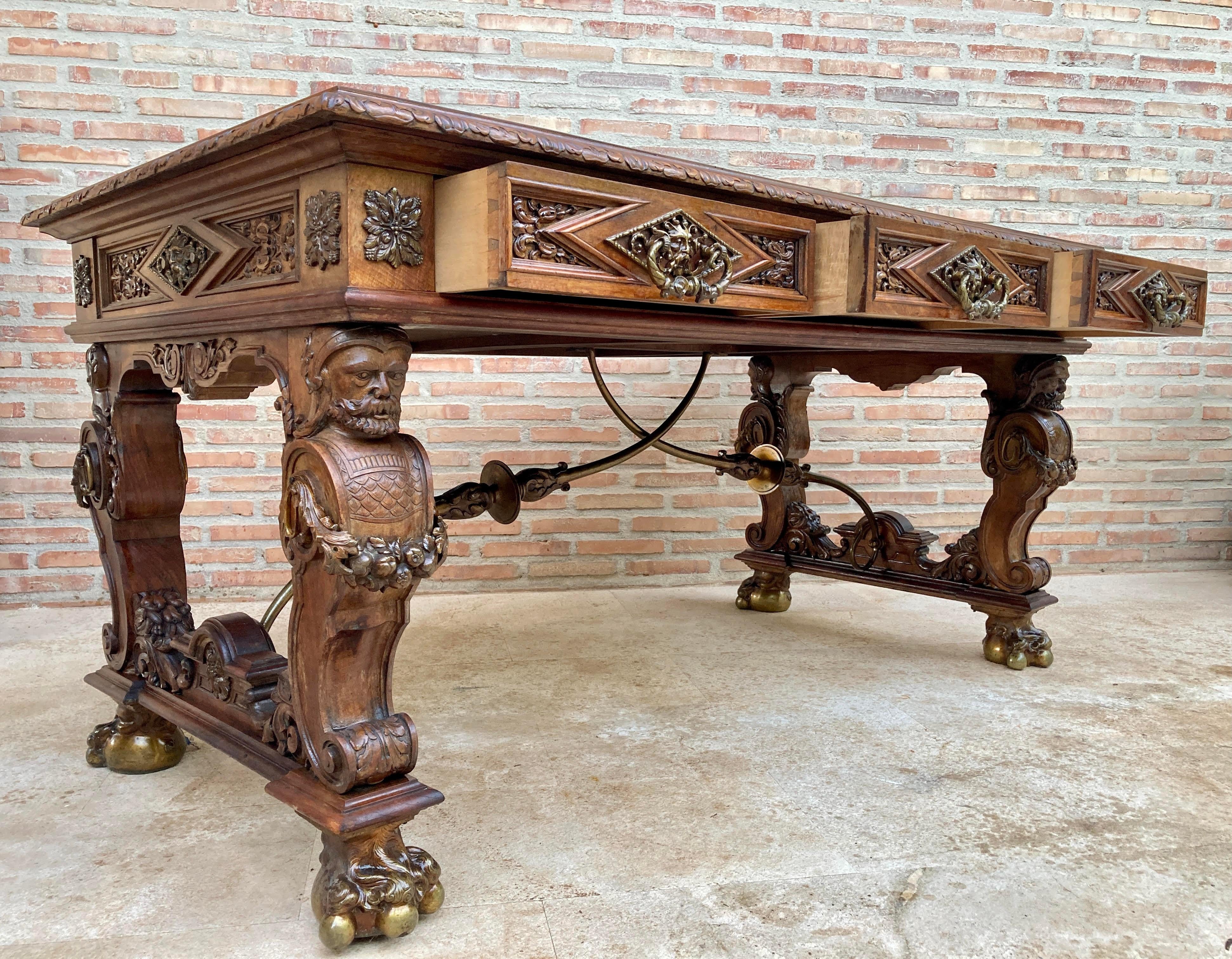 Renaissance Revival Early 20th Carved Walnut Desk or Dining Table with Three Drawers  For Sale