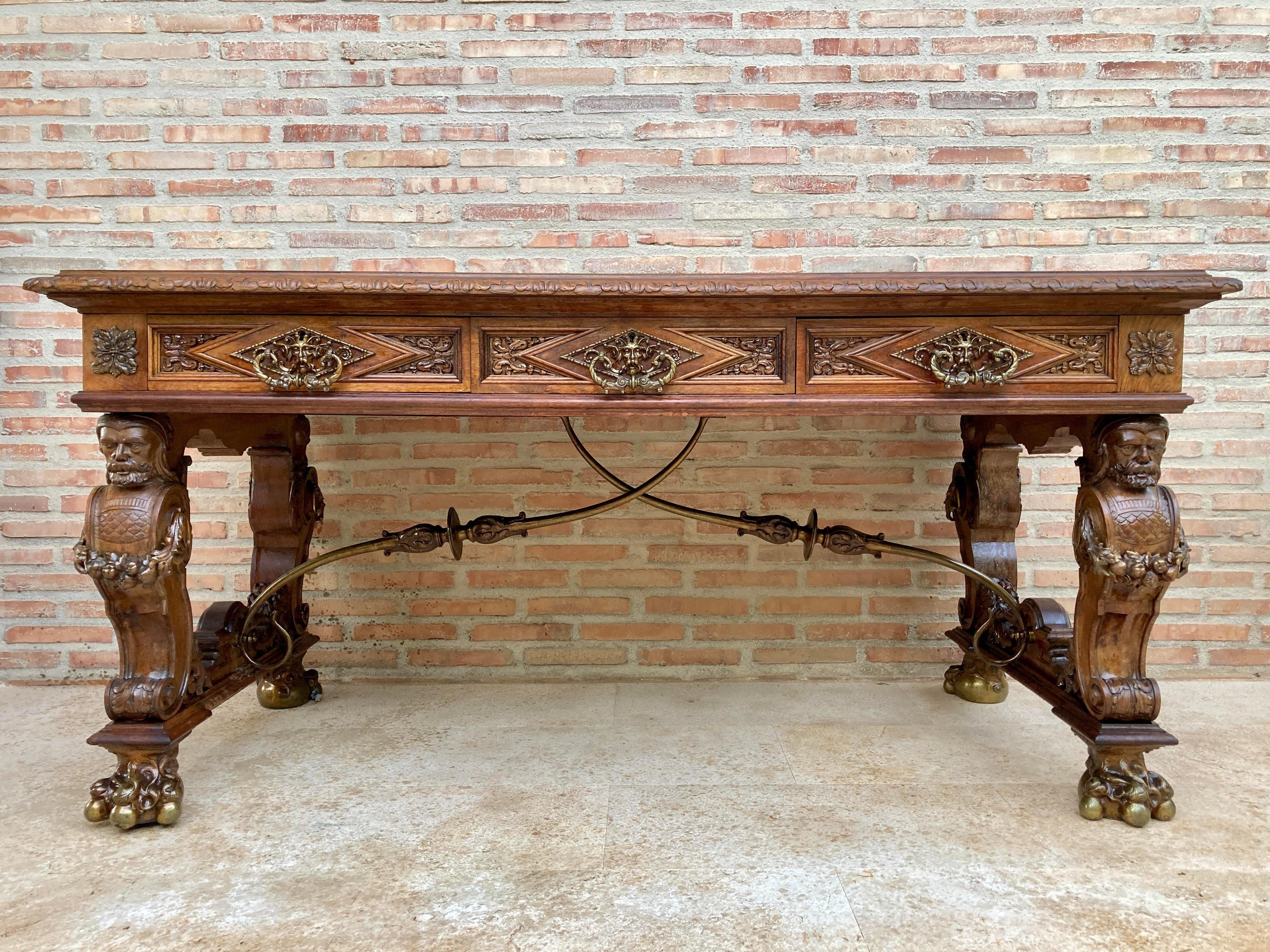 Spanish Early 20th Carved Walnut Desk or Dining Table with Three Drawers  For Sale