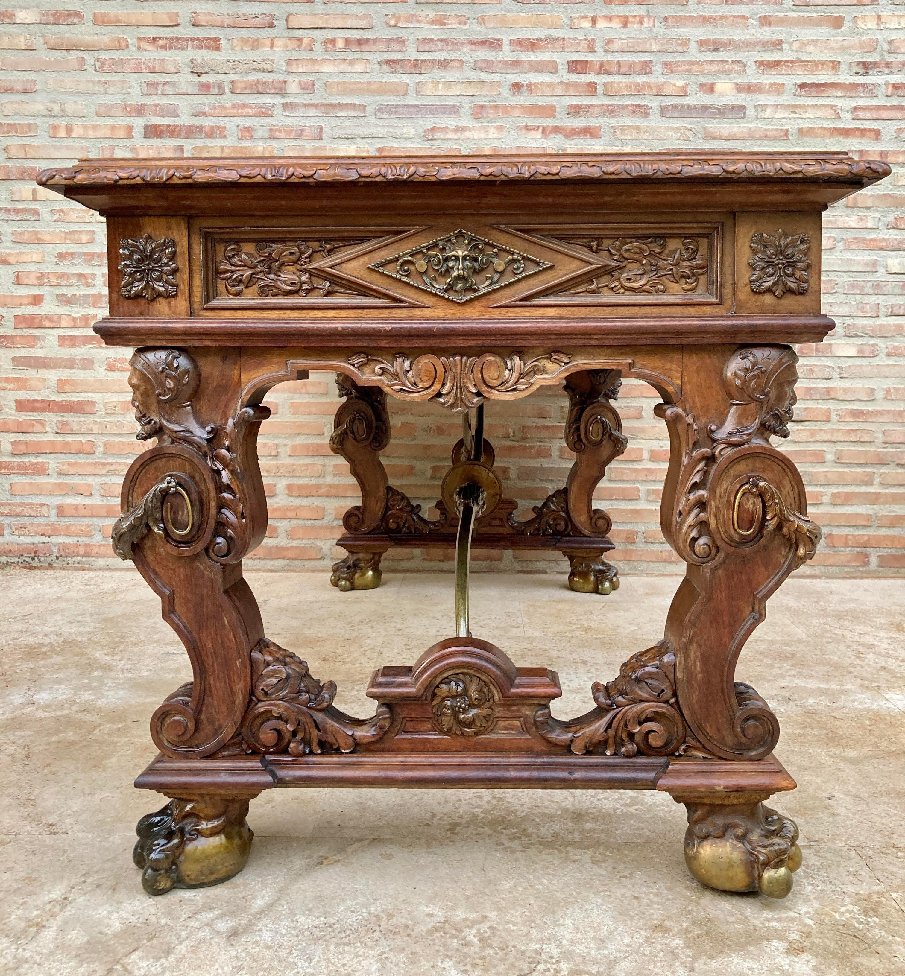 20th Century Early 20th Carved Walnut Desk or Dining Table with Three Drawers