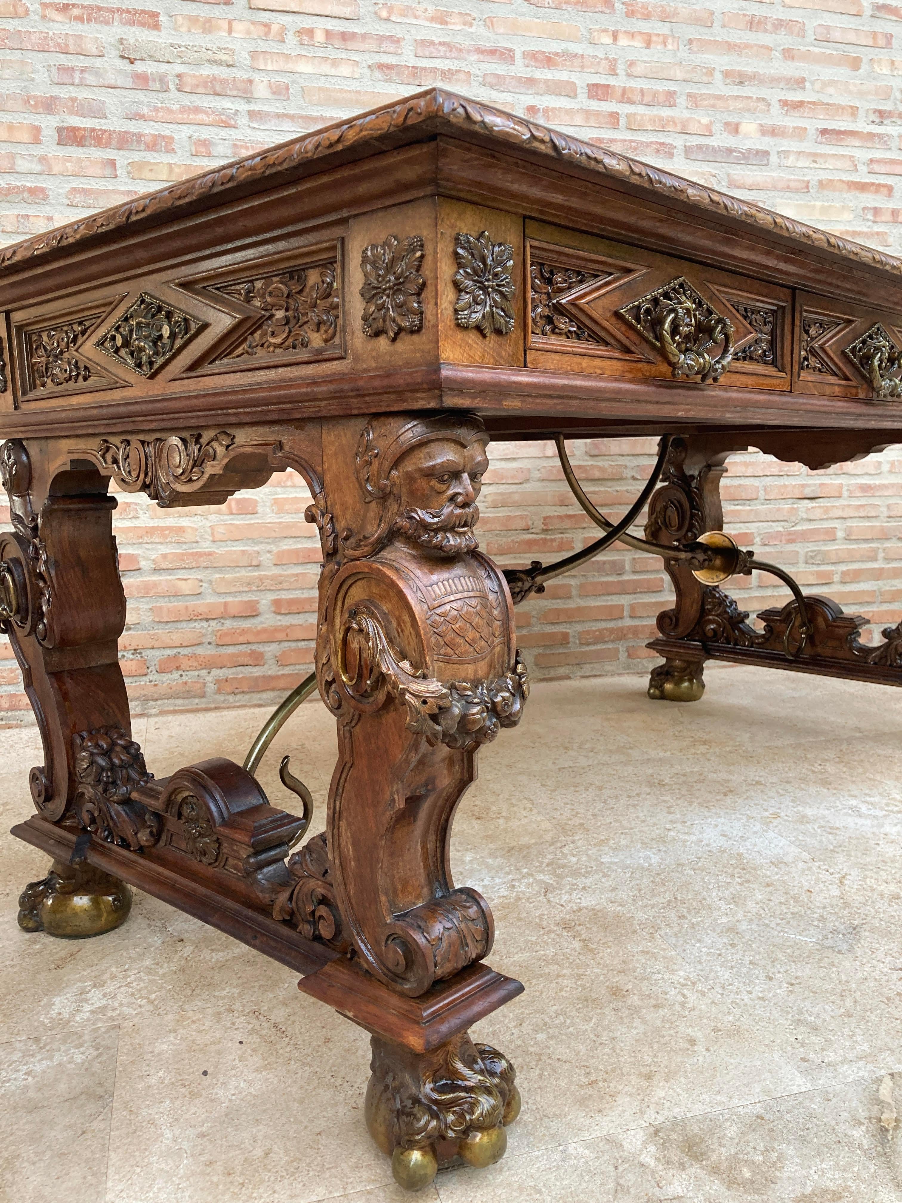 Early 20th Carved Walnut Desk or Dining Table with Three Drawers  For Sale 1