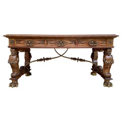 Early 20th Carved Walnut Desk or Dining Table with Three Drawers