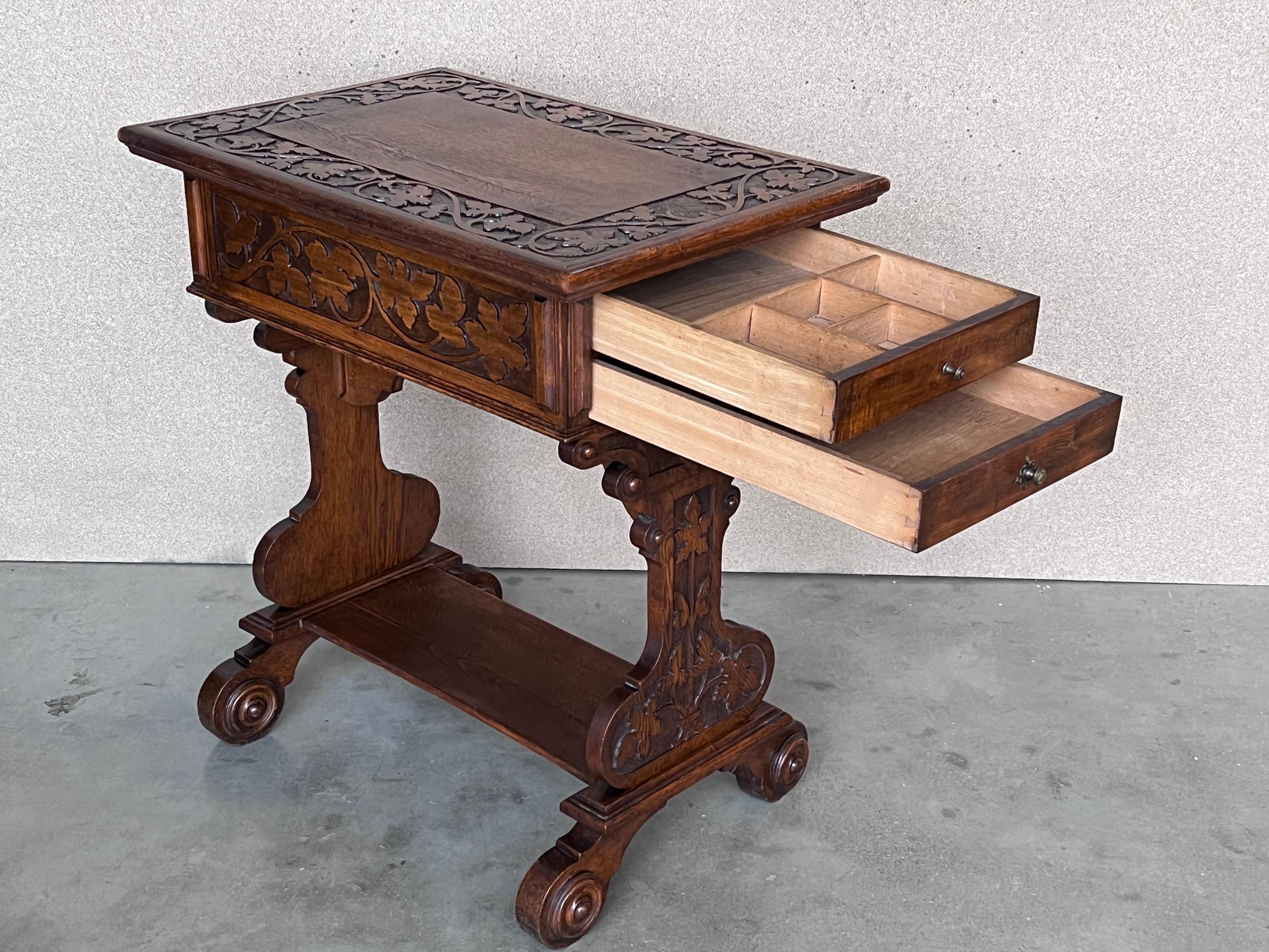 Spanish Early 20th Carved Walnut Side Table or Cart  with Drawers and Wheels For Sale