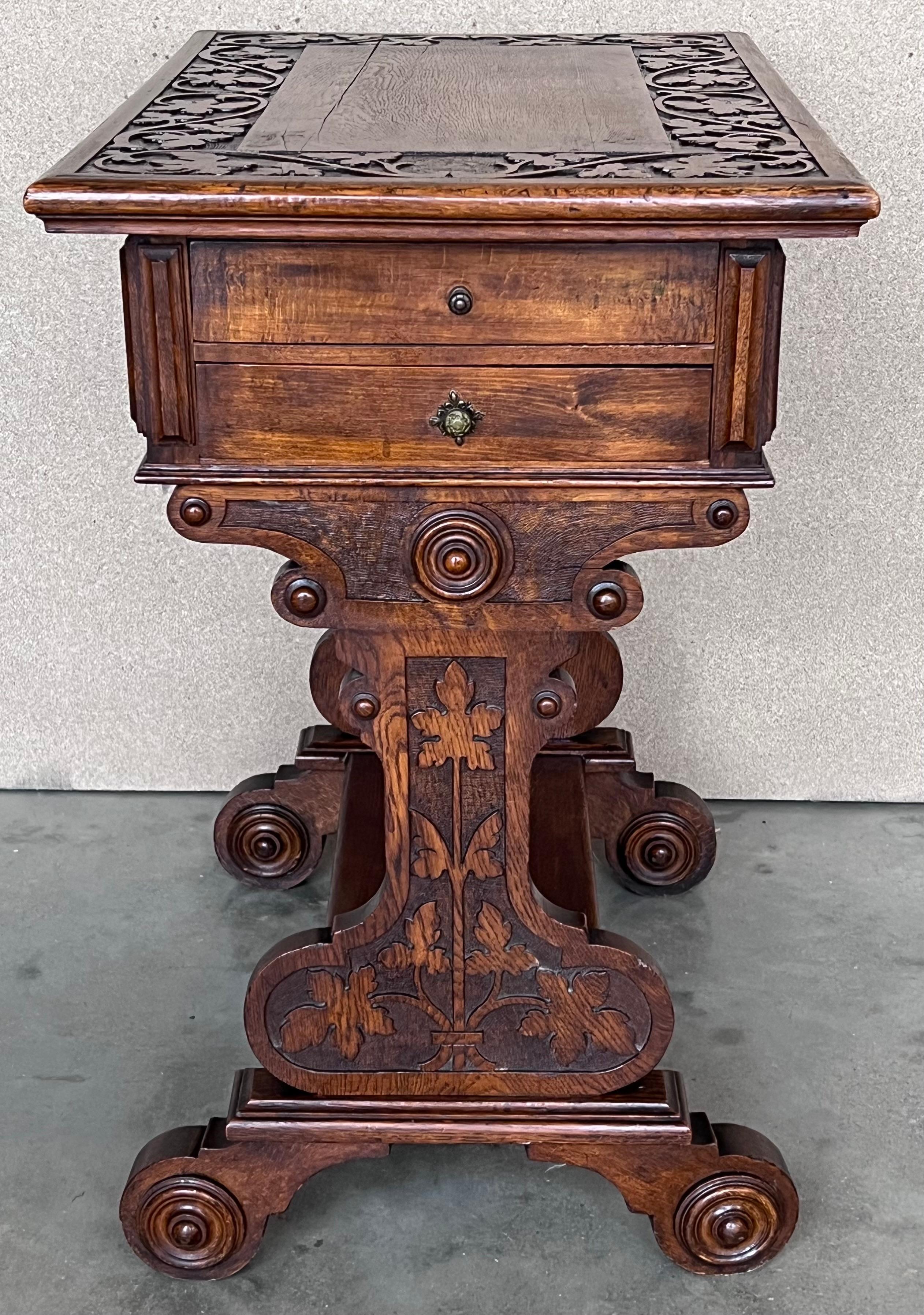 20th Century Early 20th Carved Walnut Side Table or Cart  with Drawers and Wheels For Sale