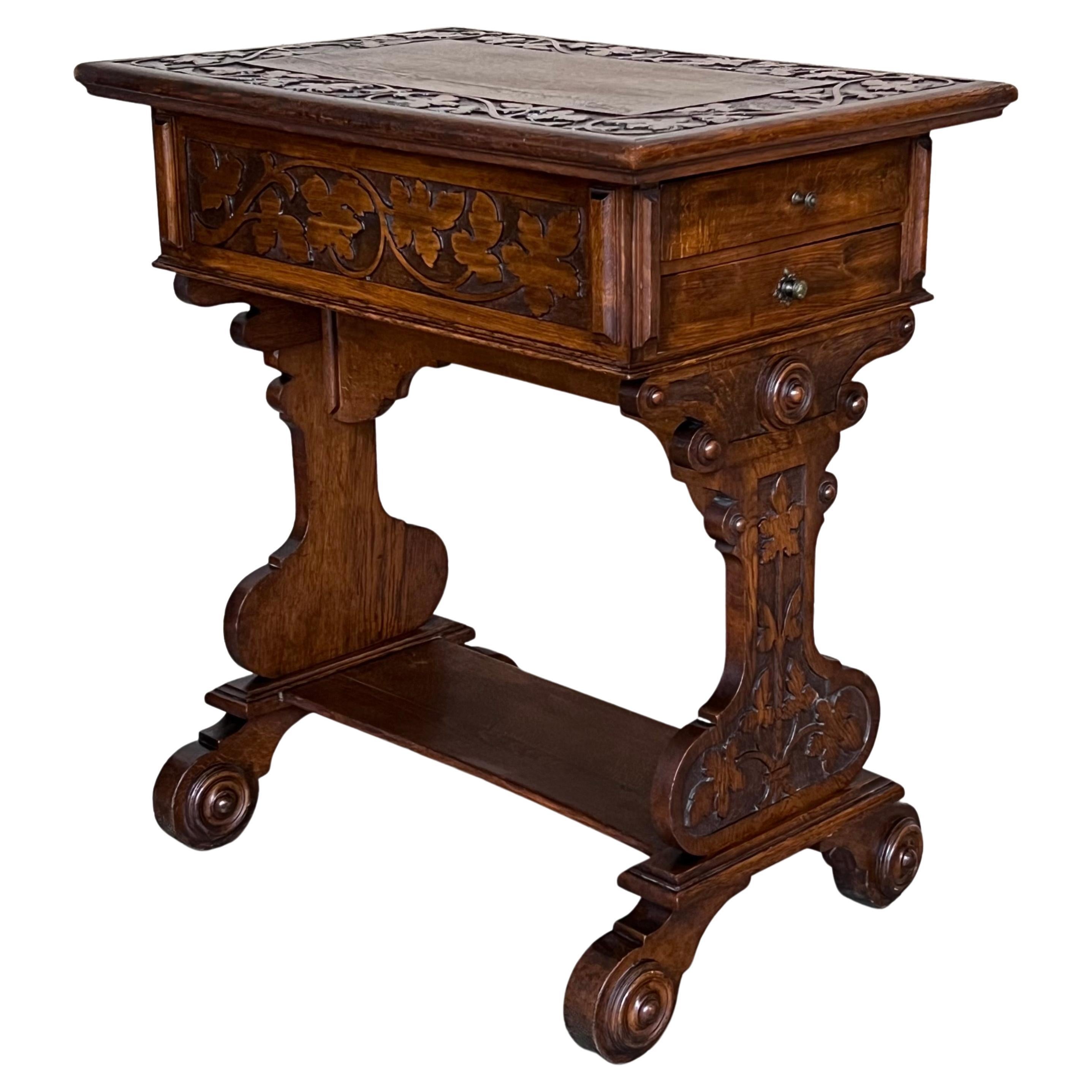 Early 20th Carved Walnut Side Table or Cart  with Drawers and Wheels For Sale