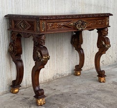 Early 20th Carved Walnut Side Table with One Drawer and Bronze Mounts