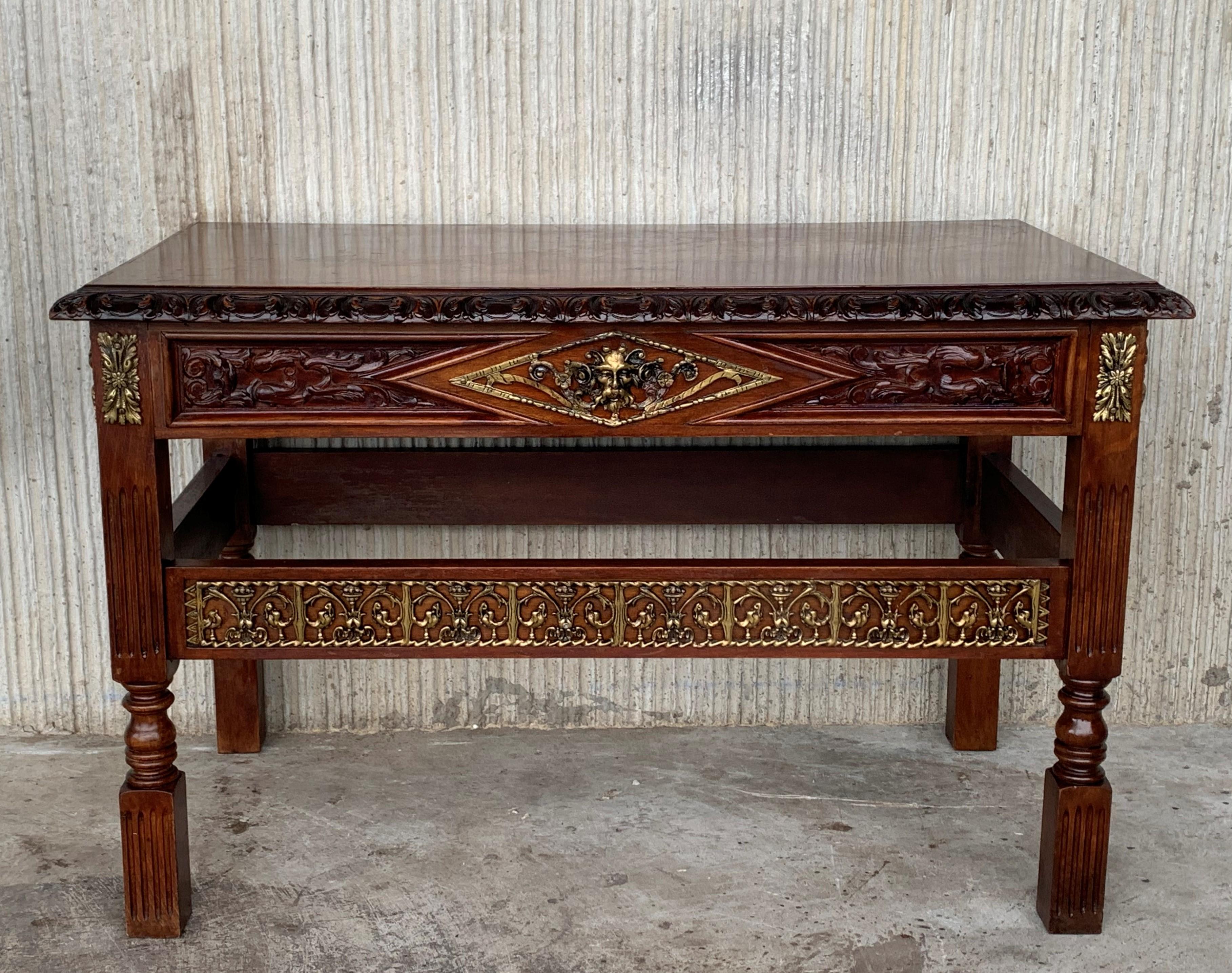 Renaissance Revival Early 20th Carved Walnut Side Table with One Drawer and Bronze Mounts For Sale