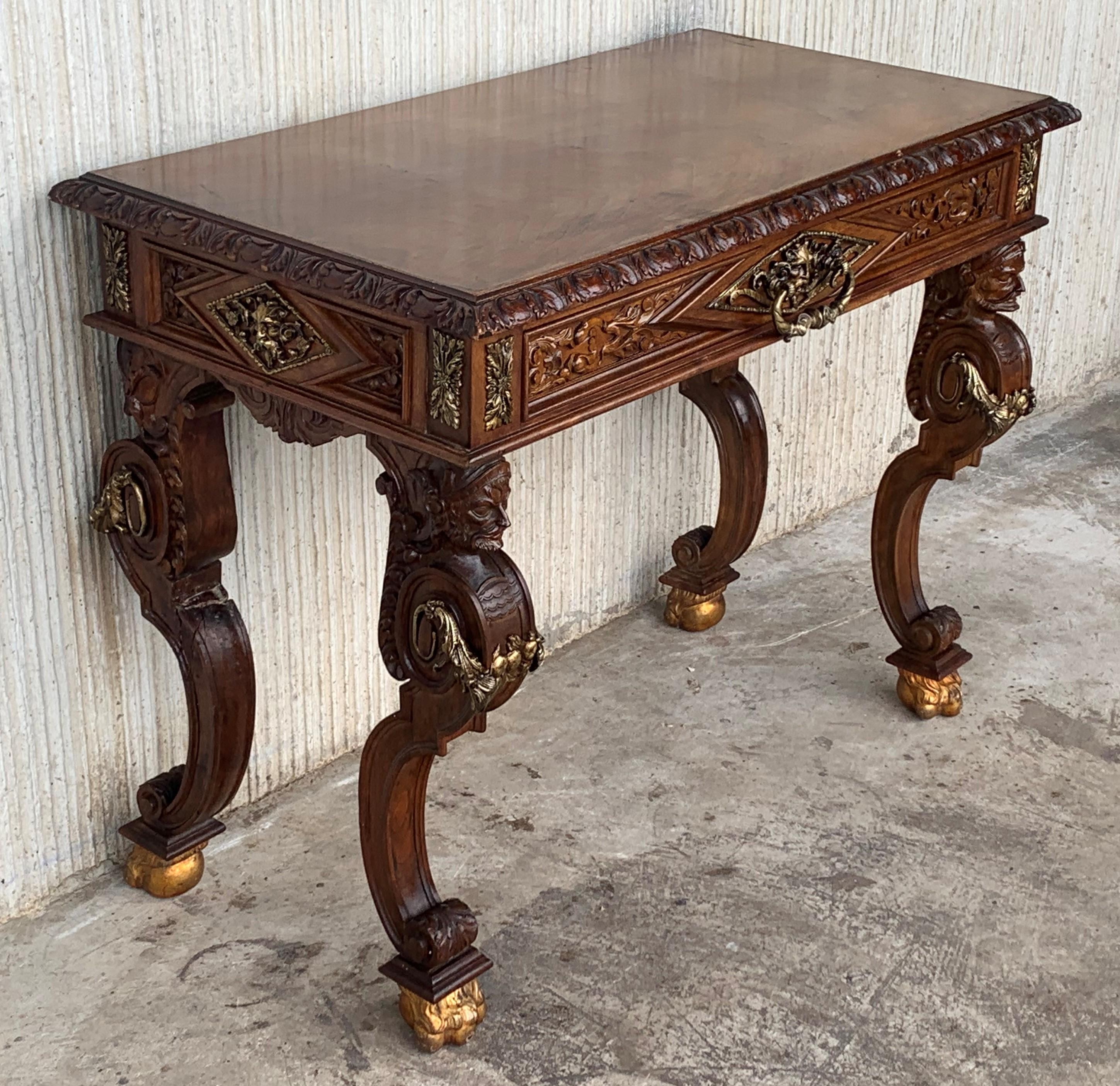 Spanish Early 20th Carved Walnut Side Table with One Drawer and Bronze Mounts For Sale
