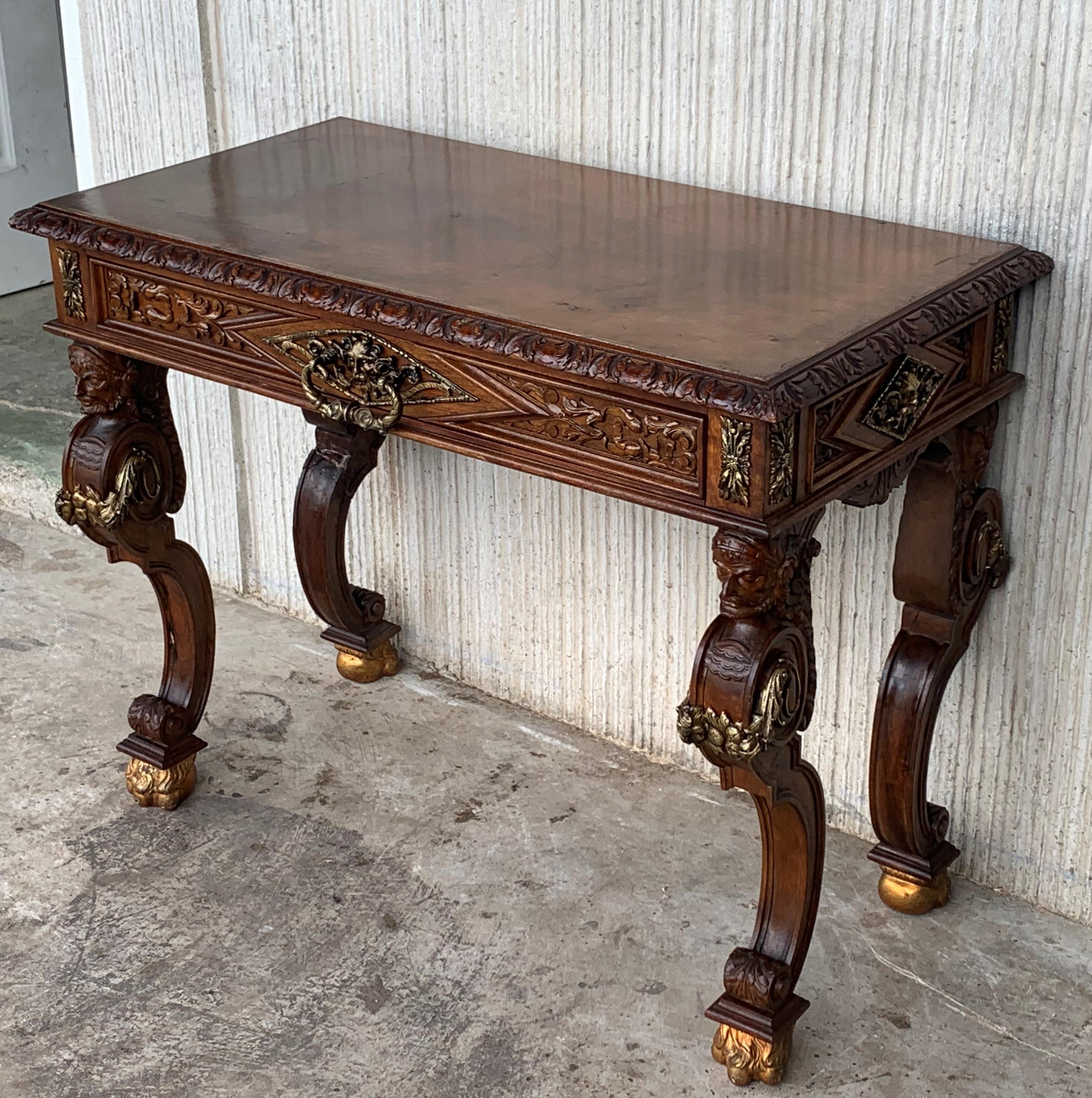 19th Century Early 20th Carved Walnut Side Table with One Drawer and Bronze Mounts For Sale