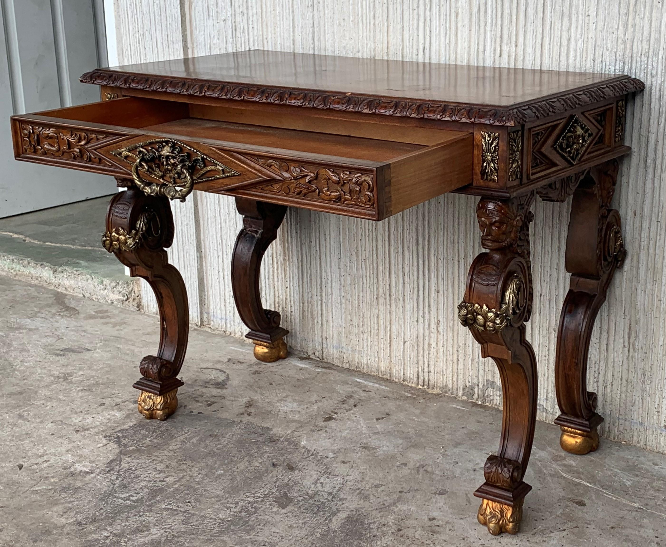Early 20th Carved Walnut Side Table with One Drawer and Bronze Mounts For Sale 2