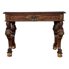Early 20th Carved Walnut Side Table with One Drawer and Bronze Mounts