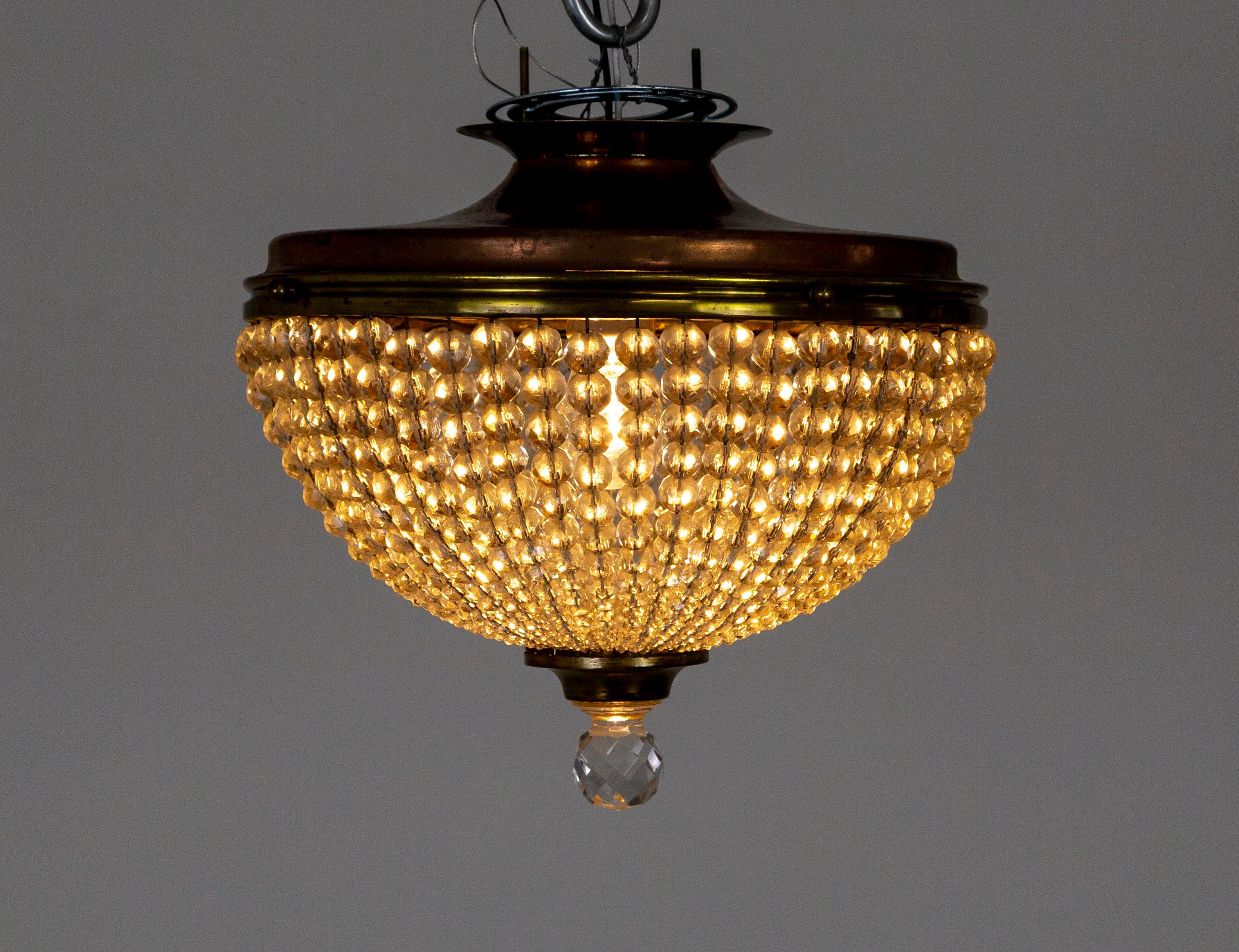 20th Century Early 20th Cent. Beaded Czech Crystal Dome Flush Mount Lights, Pair