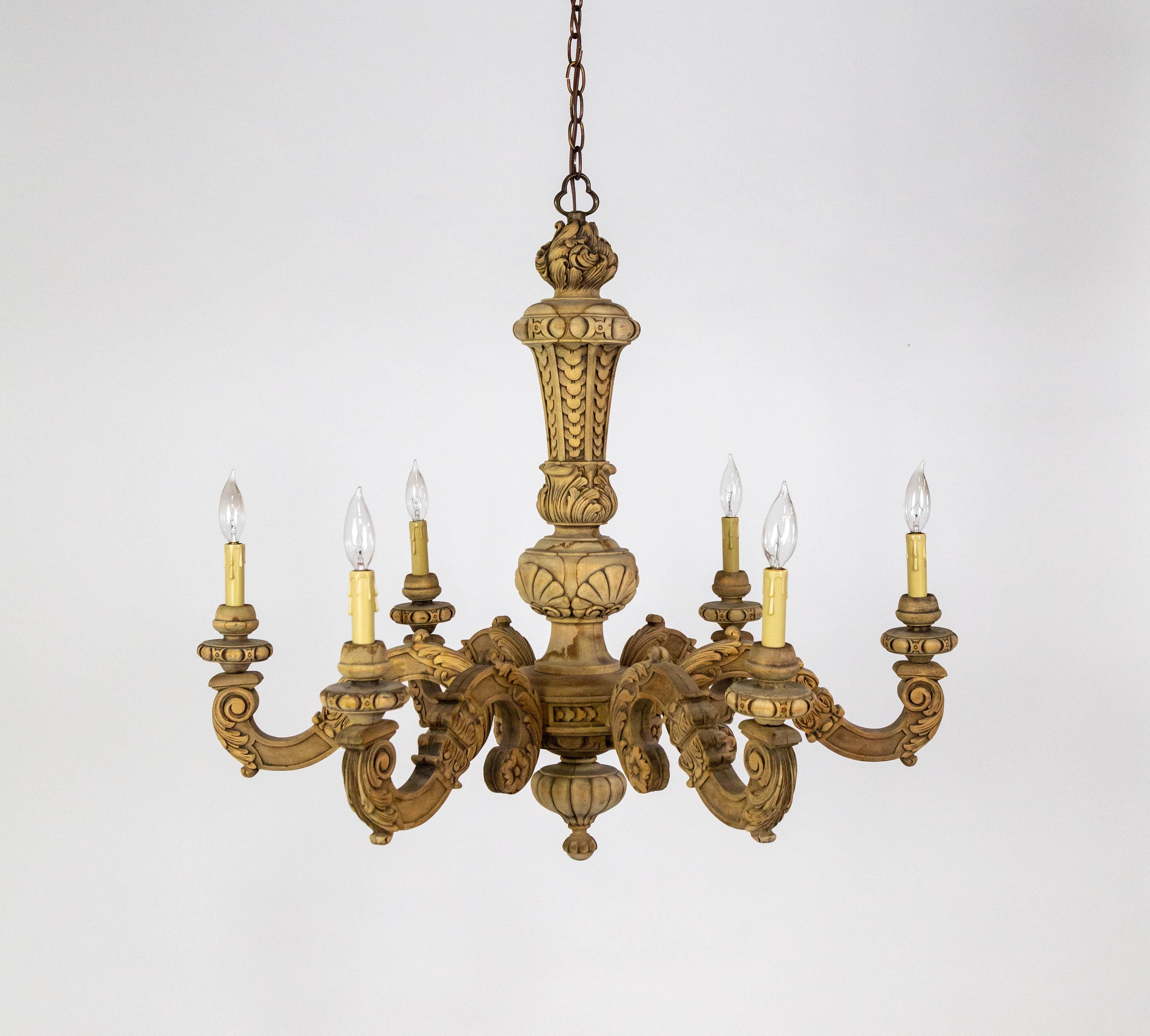 Early 20th Cent. Carved Wood 6-Light Chandelier For Sale 7