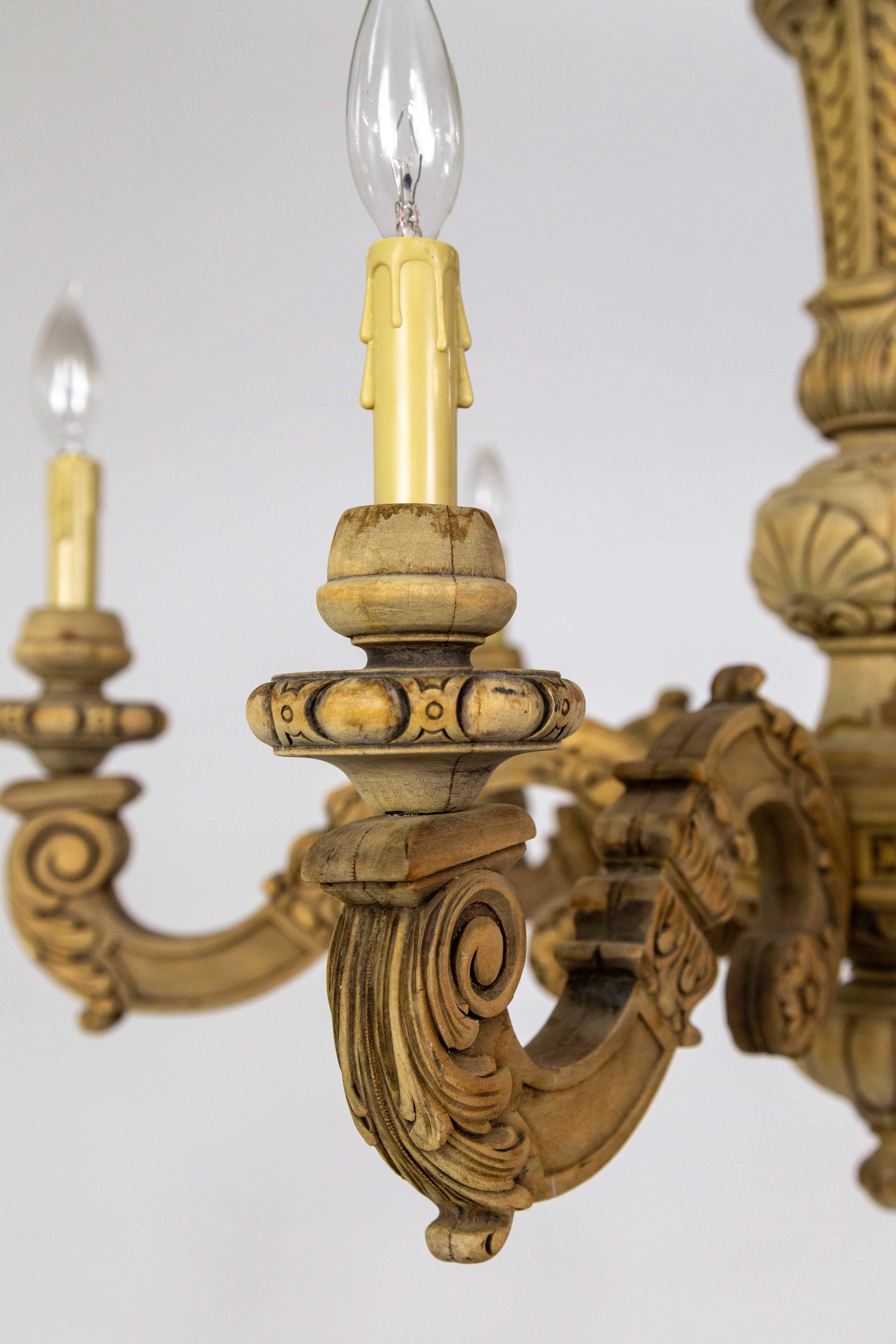 Brass Early 20th Cent. Carved Wood 6-Light Chandelier For Sale