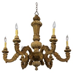 Antique Early 20th Cent. Carved Wood 6-Light Chandelier