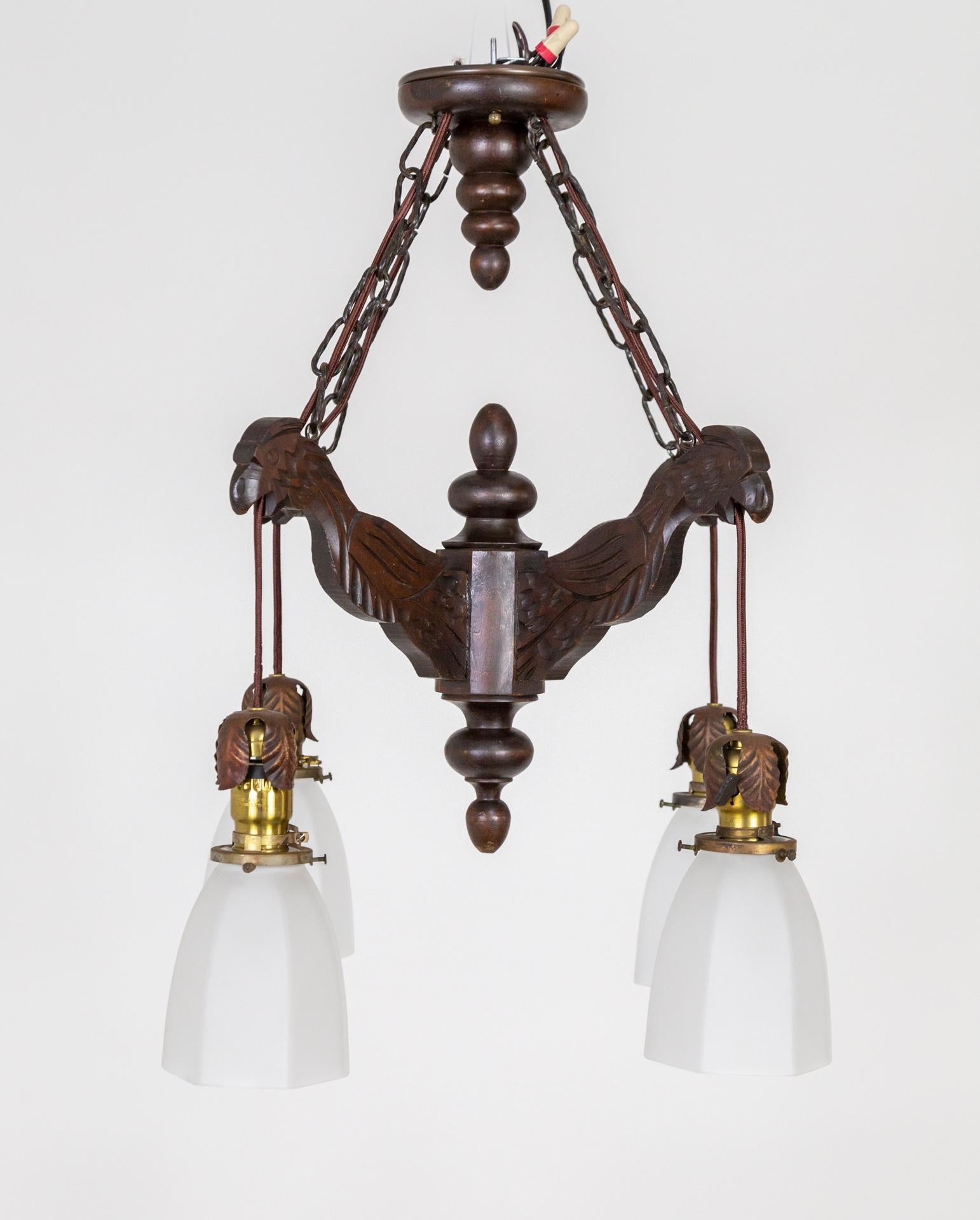 Early 20th Cent. Carved Wood Parrots Chandelier w/ Hanging Glass Shaded Lights For Sale 5