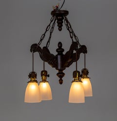 Early 20th Cent. Carved Wood Parrots Chandelier w/ Hanging Glass Shaded Lights