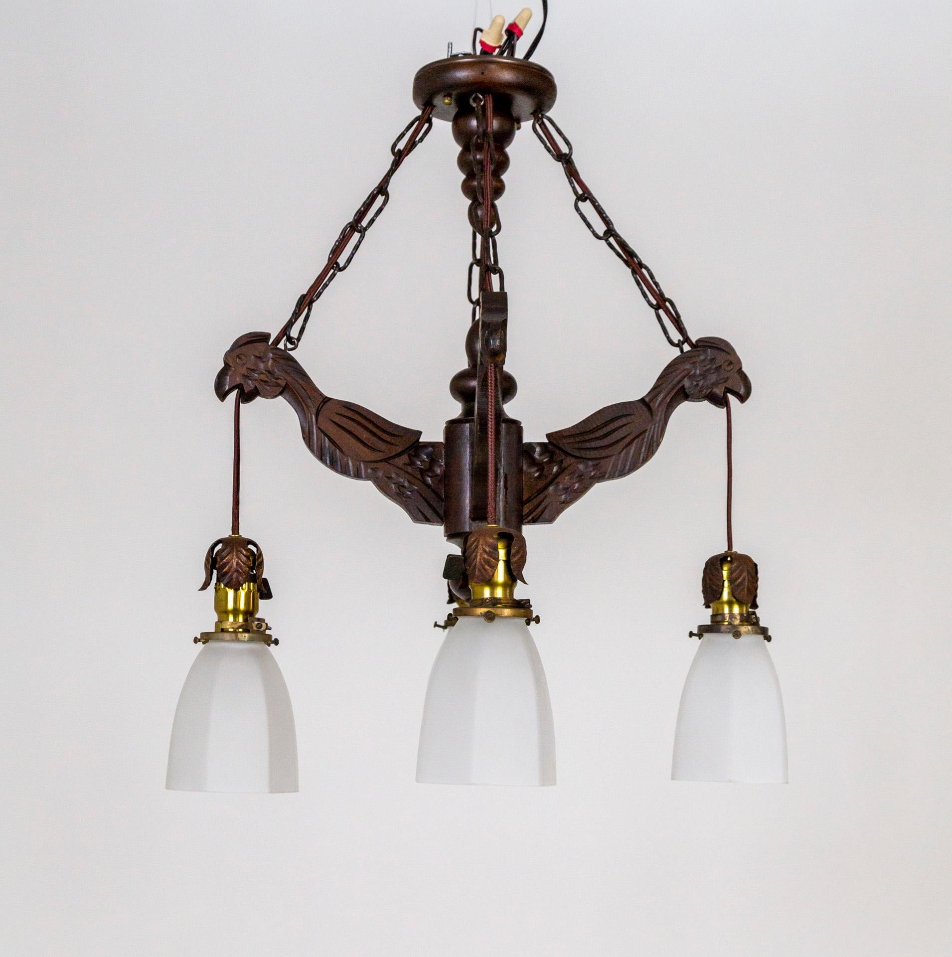 20th Century Early 20th Cent. Carved Wood Parrots Chandelier w/ Hanging Glass Shaded Lights For Sale