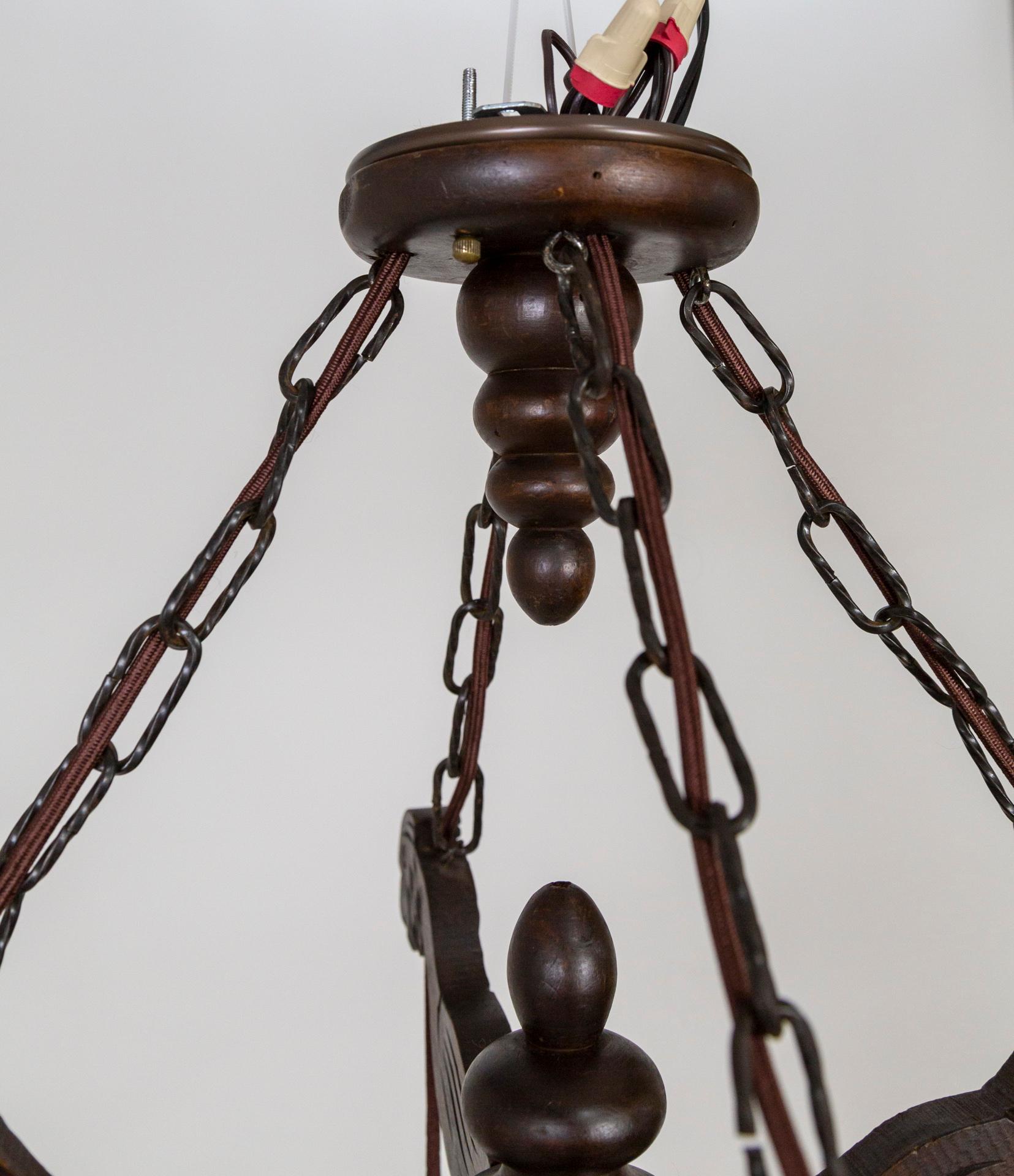 Early 20th Cent. Carved Wood Parrots Chandelier w/ Hanging Glass Shaded Lights For Sale 1