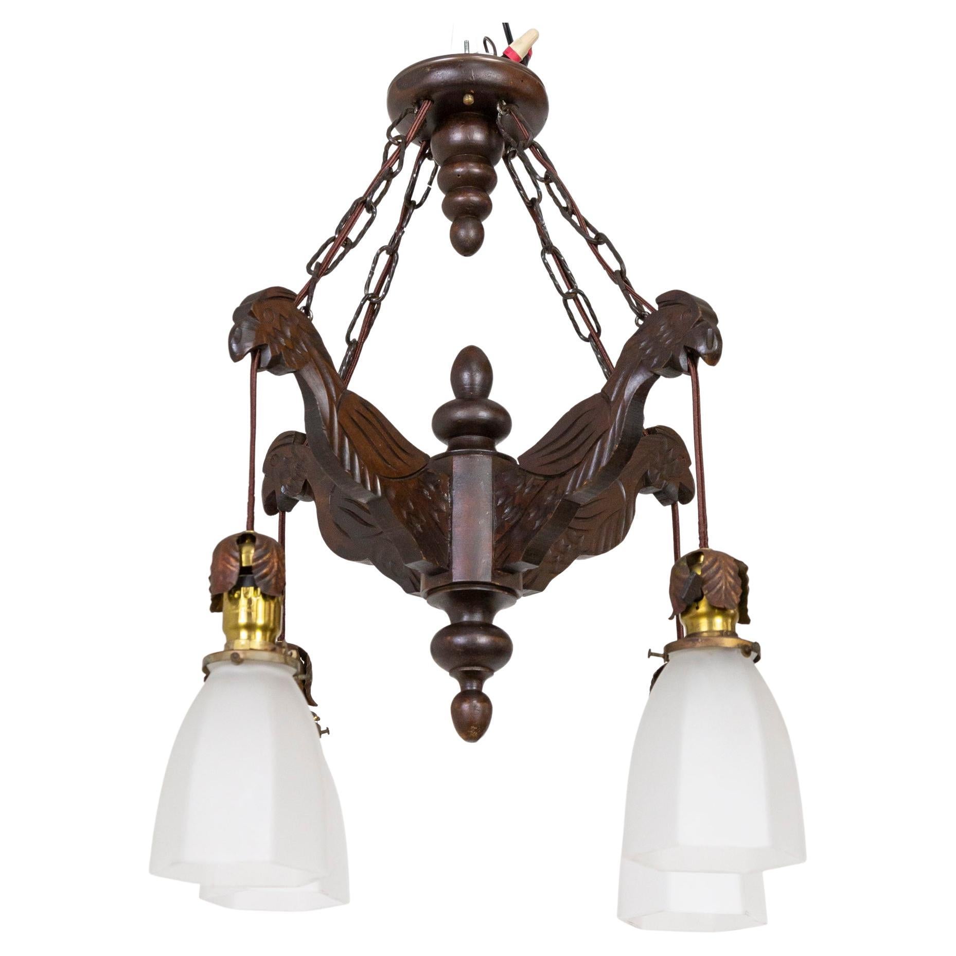 Early 20th Cent. Carved Wood Parrots Chandelier w/ Hanging Glass Shaded Lights For Sale