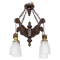 Antique Early 20th Cent. Carved Wood Parrots Chandelier w/ Hanging Glass Shaded Lights